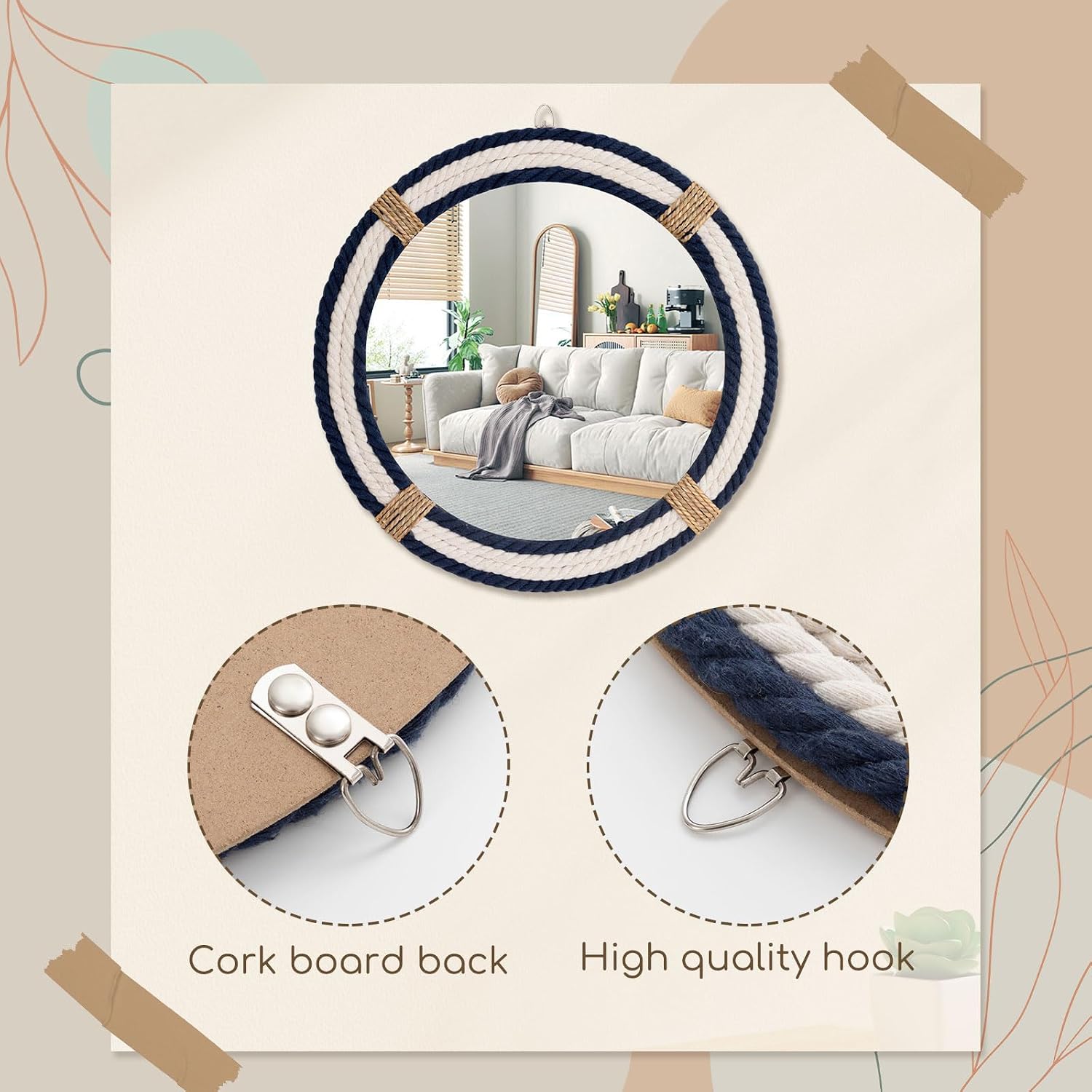 Vercraft Nautical Coastal Mirror 24 Wall Decor with Rope Wrapped Trim and Hanging Loop Round Circle Nursery Mirror Nautical Boho Rustic Decorative for Living Room, Bedroom Blue and White - Image 3