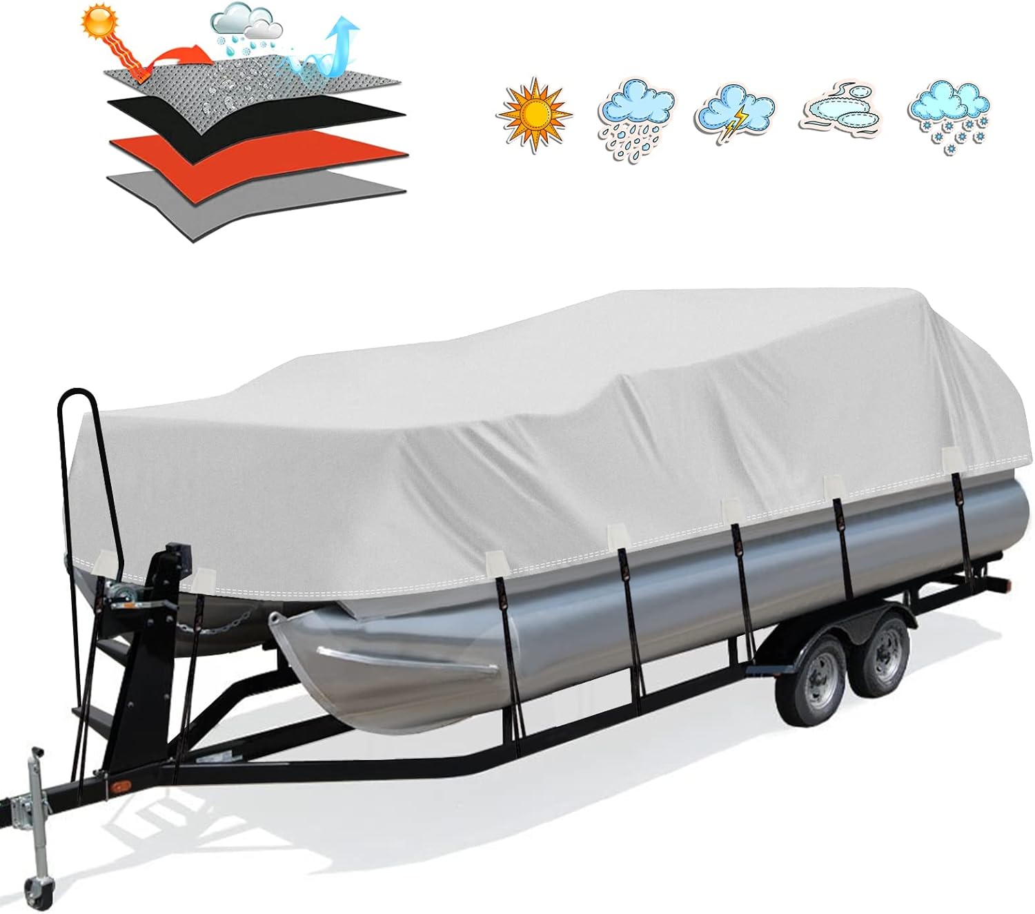 Solim Trailerable 1200D PU Heavy Duty Pontoon Boat Cover, 22-24ft Waterproof Marine Grade Oxford UV Resistant Polyester Canvas Cover, Boat Cover for Pontoon with Adjustable 18 Tie Down Straps, Gray