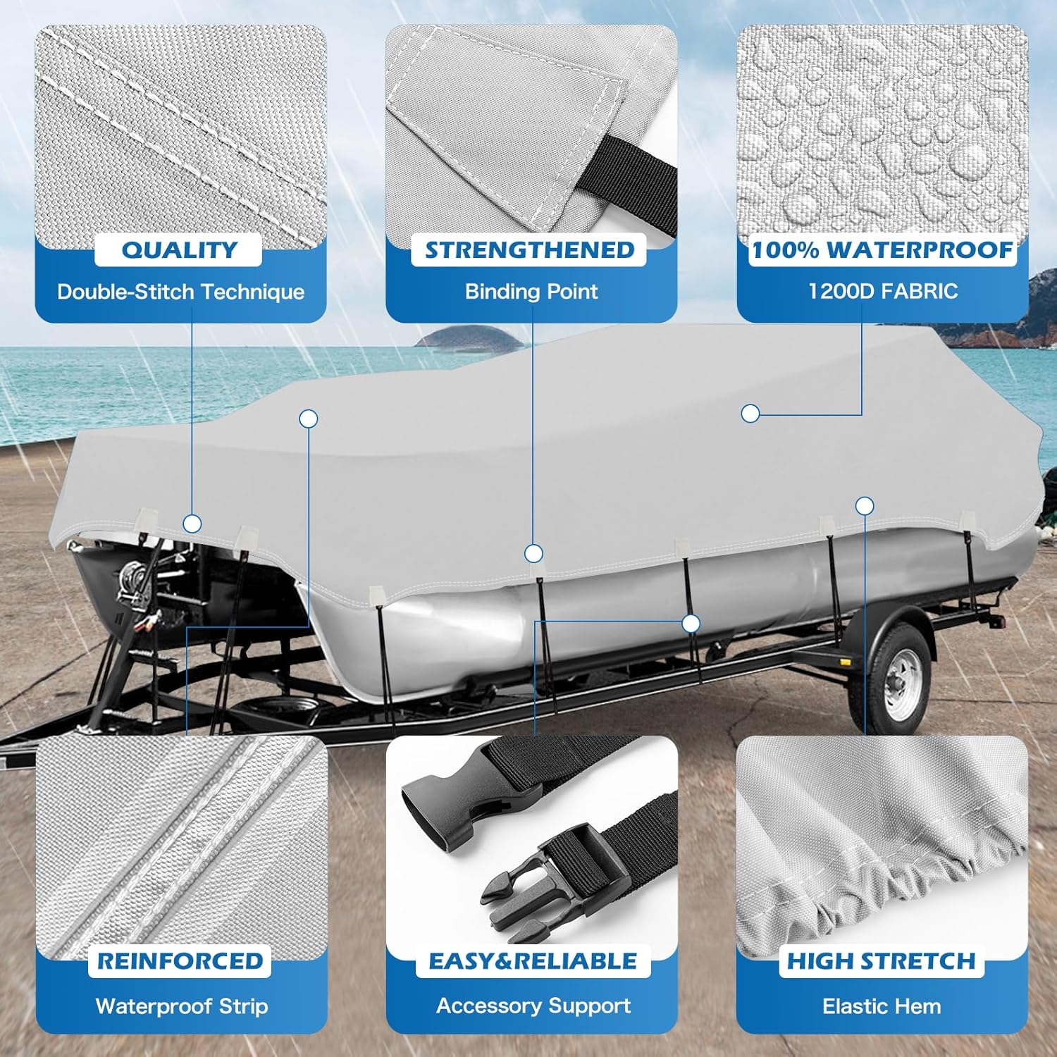 Solim Trailerable 1200D PU Heavy Duty Pontoon Boat Cover, 22-24ft Waterproof Marine Grade Oxford UV Resistant Polyester Canvas Cover, Boat Cover for Pontoon with Adjustable 18 Tie Down Straps, Gray - Image 3