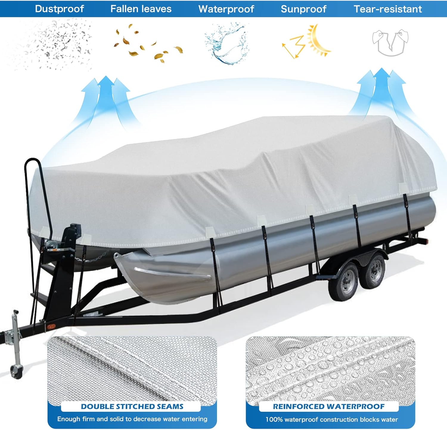 Solim Trailerable 1200D PU Heavy Duty Pontoon Boat Cover, 22-24ft Waterproof Marine Grade Oxford UV Resistant Polyester Canvas Cover, Boat Cover for Pontoon with Adjustable 18 Tie Down Straps, Gray - Image 4