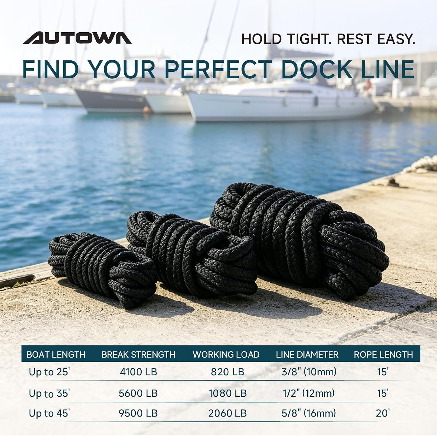 AUTOWN 4 Pack 1/2" x 15' Boat Dock Lines, Premium Marine-Grade Double Braided Nylon Dock Line, High Strength Boat Rope for Docking with 12" Loop, Easy Handling, Black - Image 7