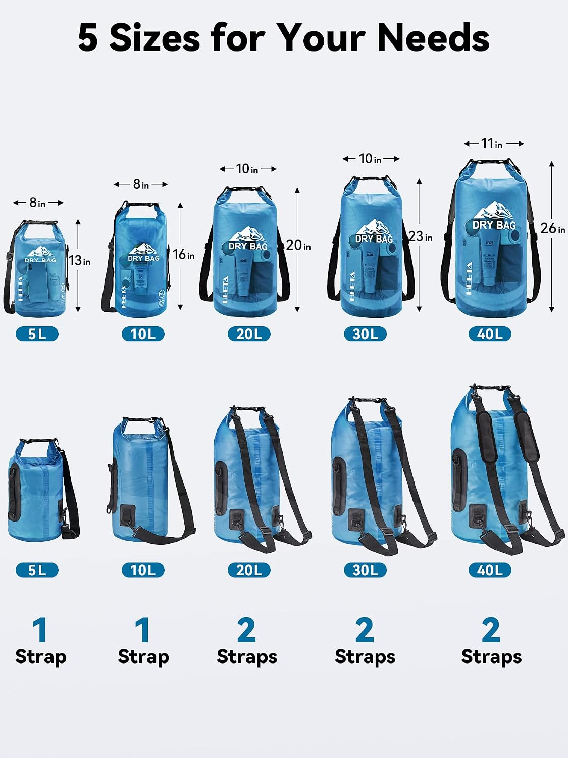 HEETA Dry Bag Waterproof for Women Men, 5L/10L/20L/30L/40L Roll Top Lightweight Dry Storage Bag Backpack with Phone Case for Travel Swimming Boating Kayaking Paddle Board Camping Beach Accessories - Image 2