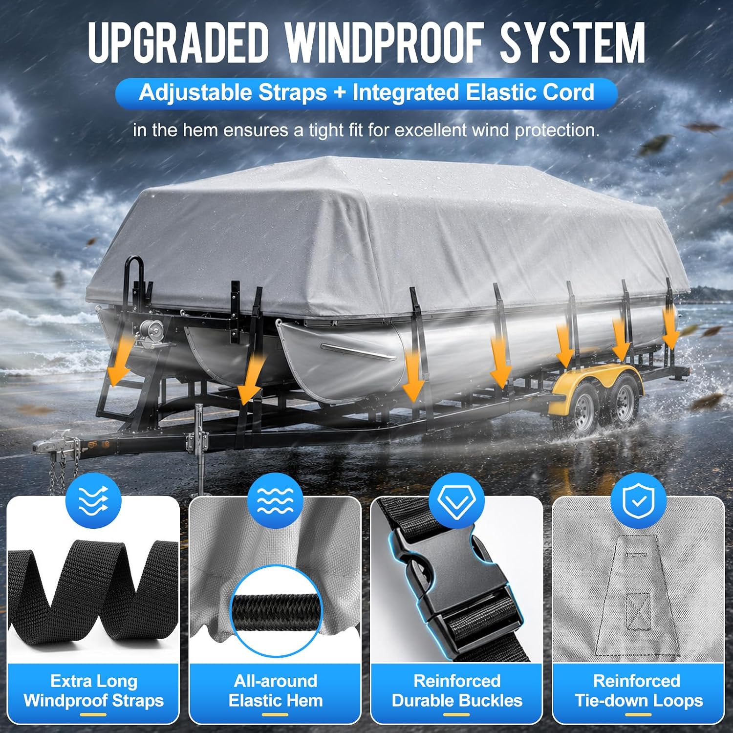 Pontoon Boat Cover 22-24 ft, 1200D Heavy Duty Waterproof Trailerable Cover for Pontoon Boats Up to 8.5 ft Beam, 16 Straps, Elastic Hem &Outboard Motor Cover, Gray - Image 3