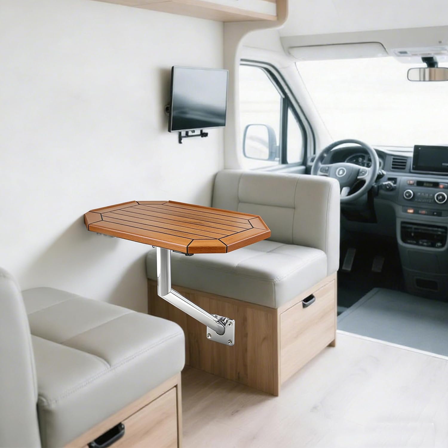 Wall-Mounted Teak Table, Removable and Adjustable Direction Marine Table, Wall-Mounted Dining Table, Burmese Teak with Stainless Steel Legs, Suitable for RVs and Boats. - Image 5