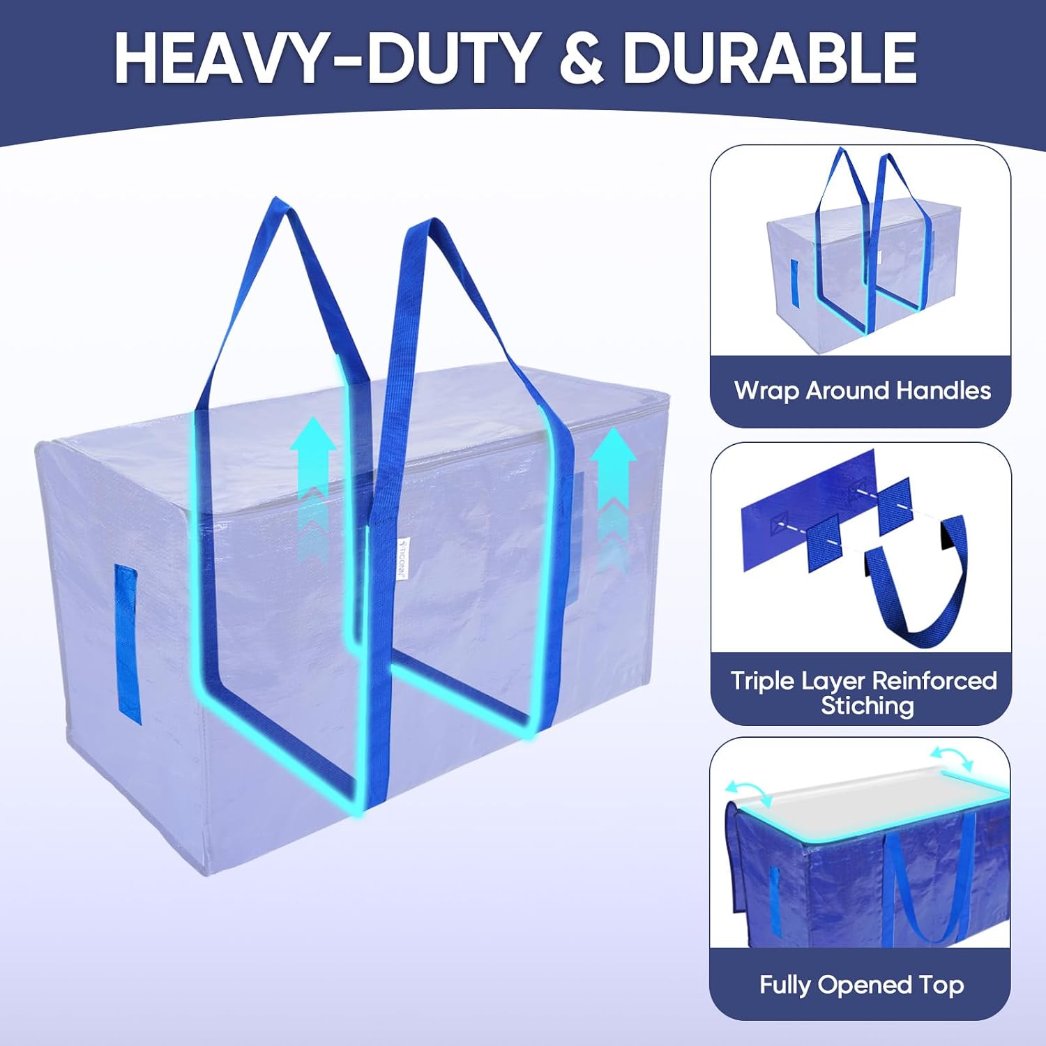 TICONN 4 Pack Extra Large Moving Bags Heavy Duty with Zippers & Carrying Handles, Durable Storage Bags Moving Boxes for Closet Organizers and Storage (4 Pack, Blue) - Image 2