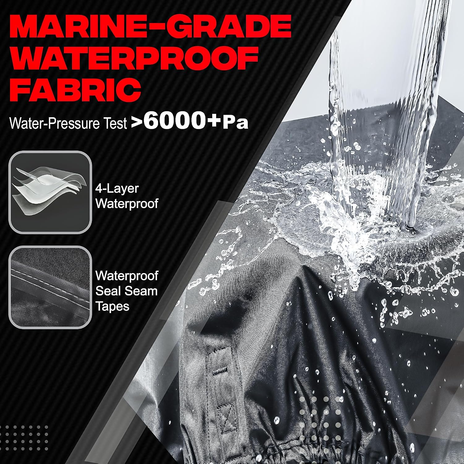 FOCEAN 1200D Boat Covers 15-17ft, Waterproof Heavy Duty Marine Tarp Black Cover, Fits Bass, V-Hull, Tri-Hull, Runabout & Fish Ski Boats with Storage Bag - Image 6