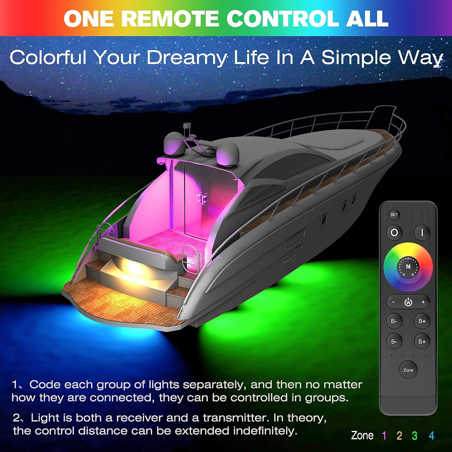 HUSUKU GT1 Underwater Boat LED Lights Marine Color Light Kit, 6.7" 2000LM RGB IP68 36LED 12V~24V 316 316 Stainless, Wireless Grouping & Control Auto Sync, Multi Color Light for Yacht Boat Deck Pontoon - Image 4