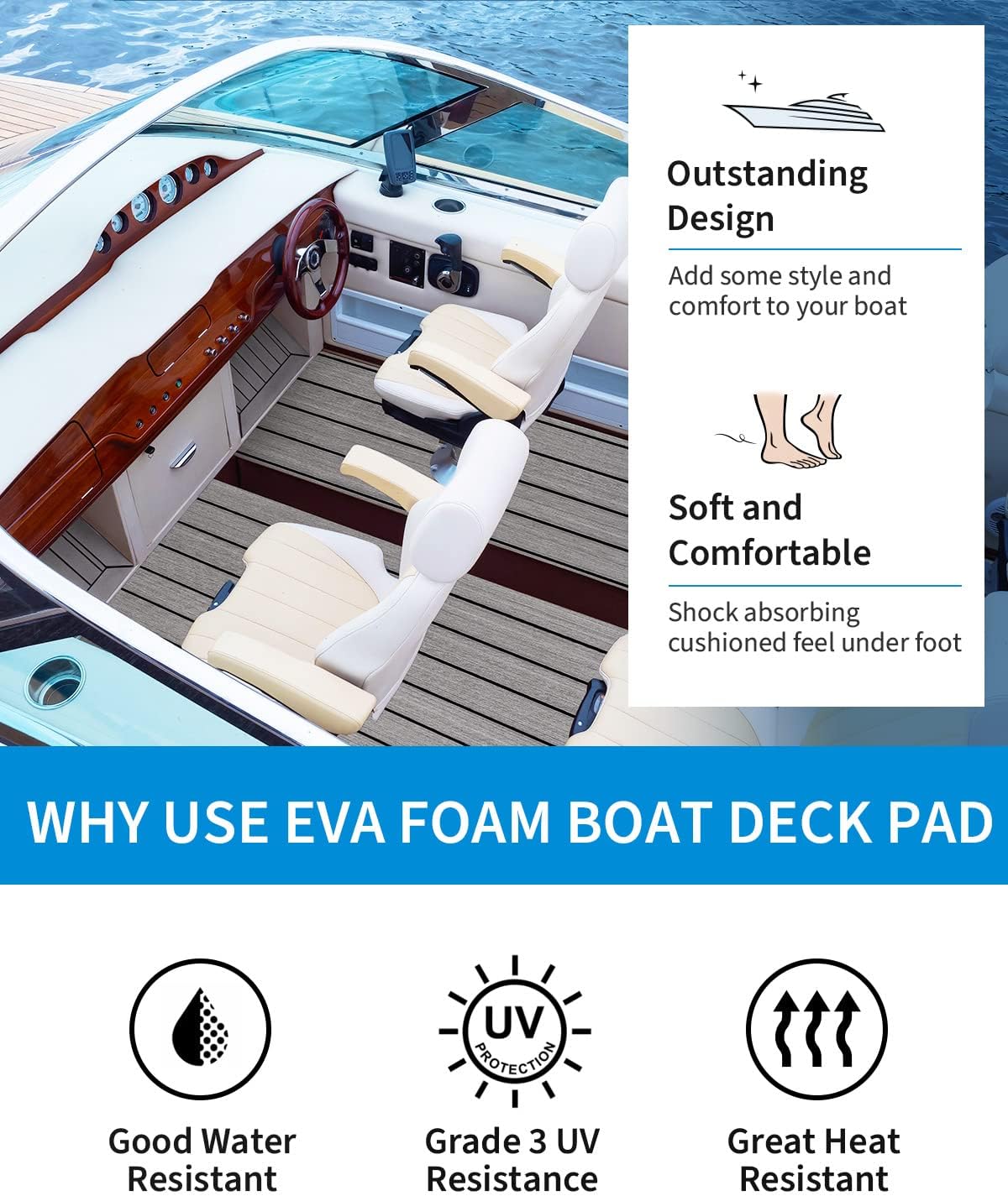 OCEANBROAD EVA Foam Boat Flooring with 3M Adhesive Backing Marine Self-Adhesive Decking 96''x45.6''/36''/28.8''/16.8'', 48''x16.8'' Faux Teak Sheet for Jon Boats Swim Platform Helm Pad RV Floor | Double-layer, Non-Slip, 6 mm Thick Eva Foam, Multiple Sizes and Colors, Easy to Install, For Marine Decking - Image 4