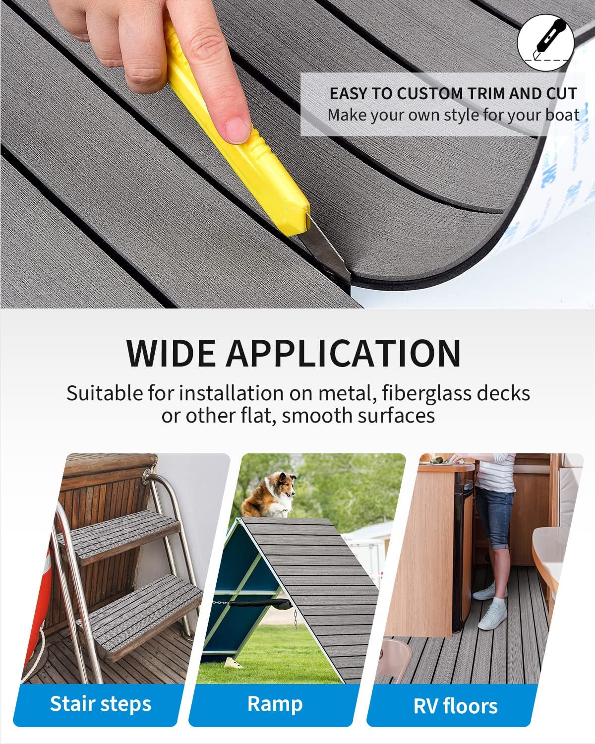 OCEANBROAD EVA Foam Boat Flooring with 3M Adhesive Backing Marine Self-Adhesive Decking 96''x45.6''/36''/28.8''/16.8'', 48''x16.8'' Faux Teak Sheet for Jon Boats Swim Platform Helm Pad RV Floor | Double-layer, Non-Slip, 6 mm Thick Eva Foam, Multiple Sizes and Colors, Easy to Install, For Marine Decking - Image 5