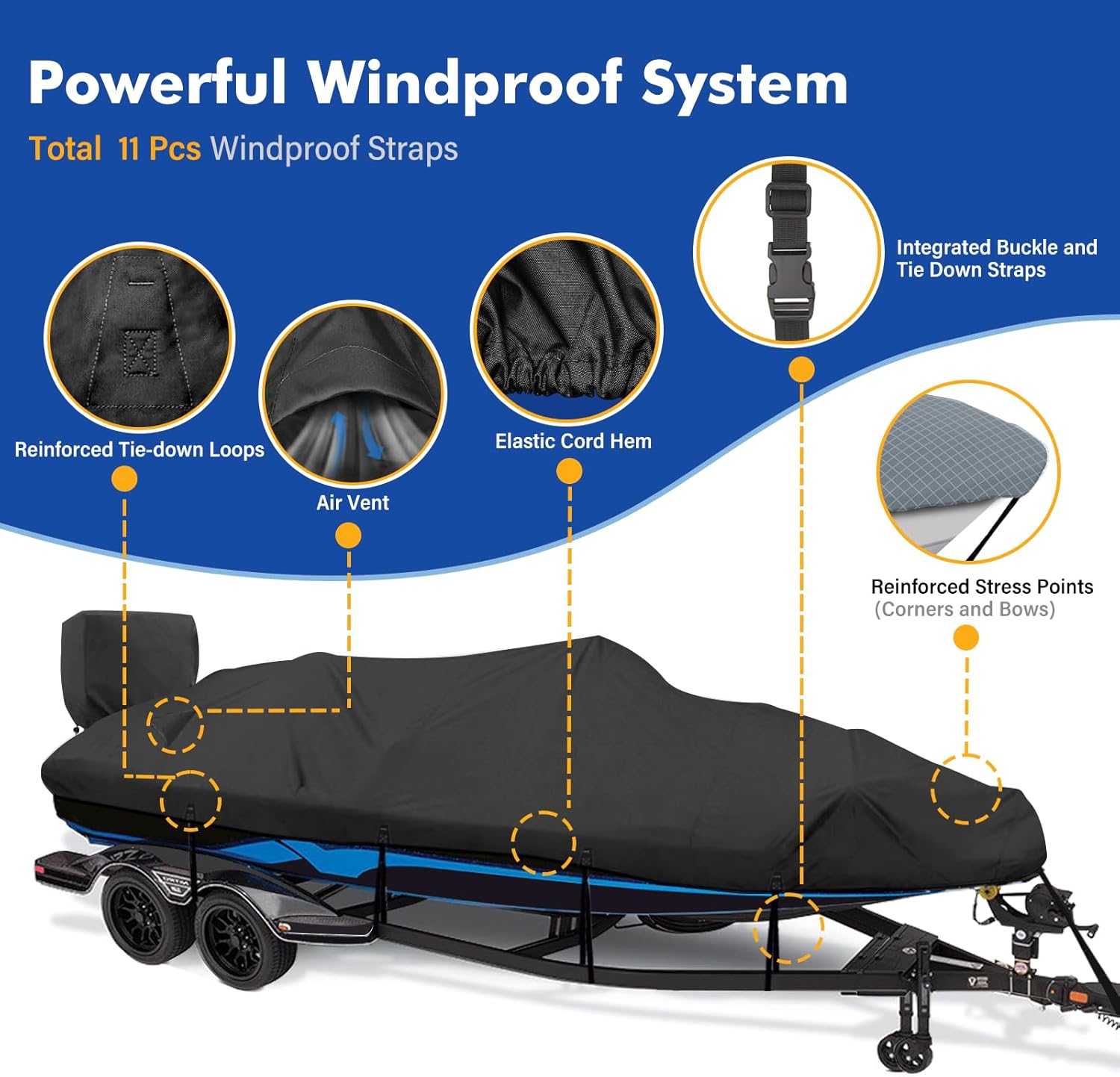 1200D Waterproof Boat Cover - Fits 17' to 19' ft Bass, V-Hull, Tri-Hull, Fish & Ski, Runabout Bowrider Boats - Heavy Duty Canvas Black - Image 3