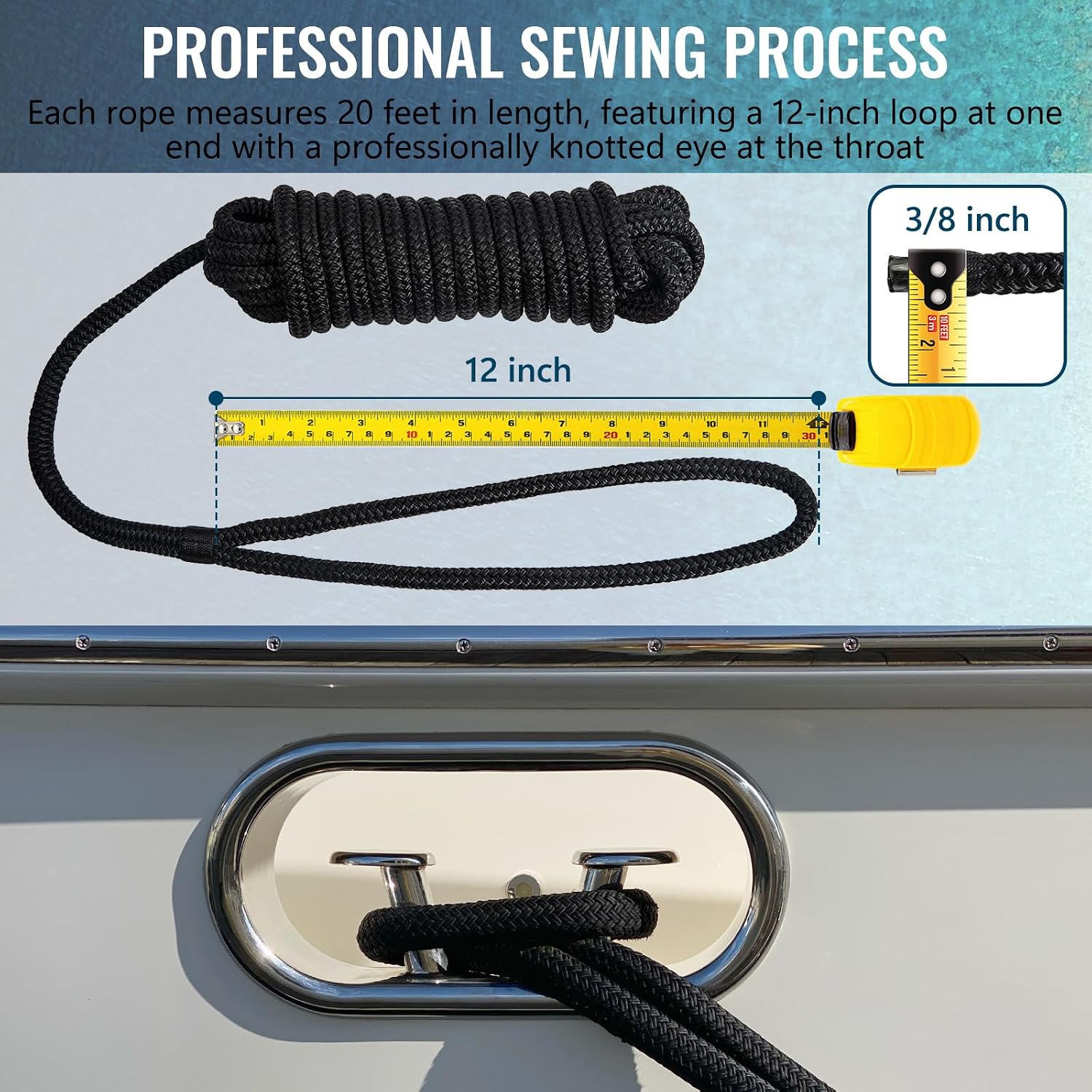 2 Pack 3/8" x 20' Boat Dock Lines for Boat & Pontoon, Premium Marine- Grade Double Braided Nylon Boat Lines, Pre-Spliced with a 12" Eyelet-Black,High Strength,Easy Handling,Boating Gifts for Men. - Image 2