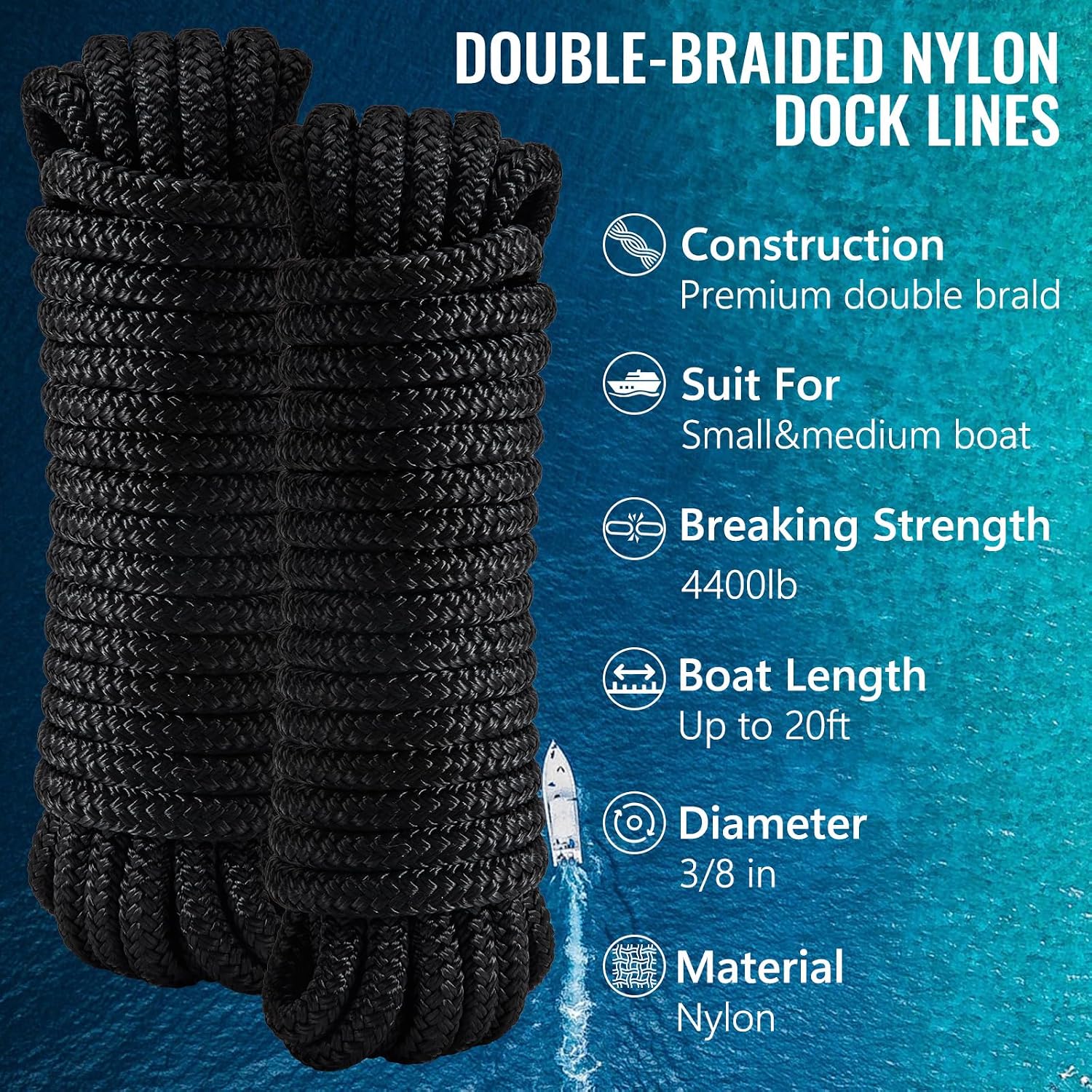 2 Pack 3/8" x 20' Boat Dock Lines for Boat & Pontoon, Premium Marine- Grade Double Braided Nylon Boat Lines, Pre-Spliced with a 12" Eyelet-Black,High Strength,Easy Handling,Boating Gifts for Men. - Image 3