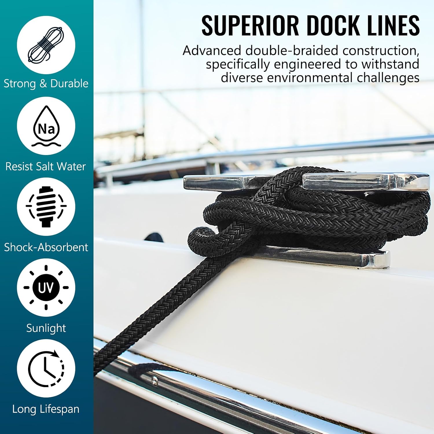 2 Pack 3/8" x 20' Boat Dock Lines for Boat & Pontoon, Premium Marine- Grade Double Braided Nylon Boat Lines, Pre-Spliced with a 12" Eyelet-Black,High Strength,Easy Handling,Boating Gifts for Men. - Image 4