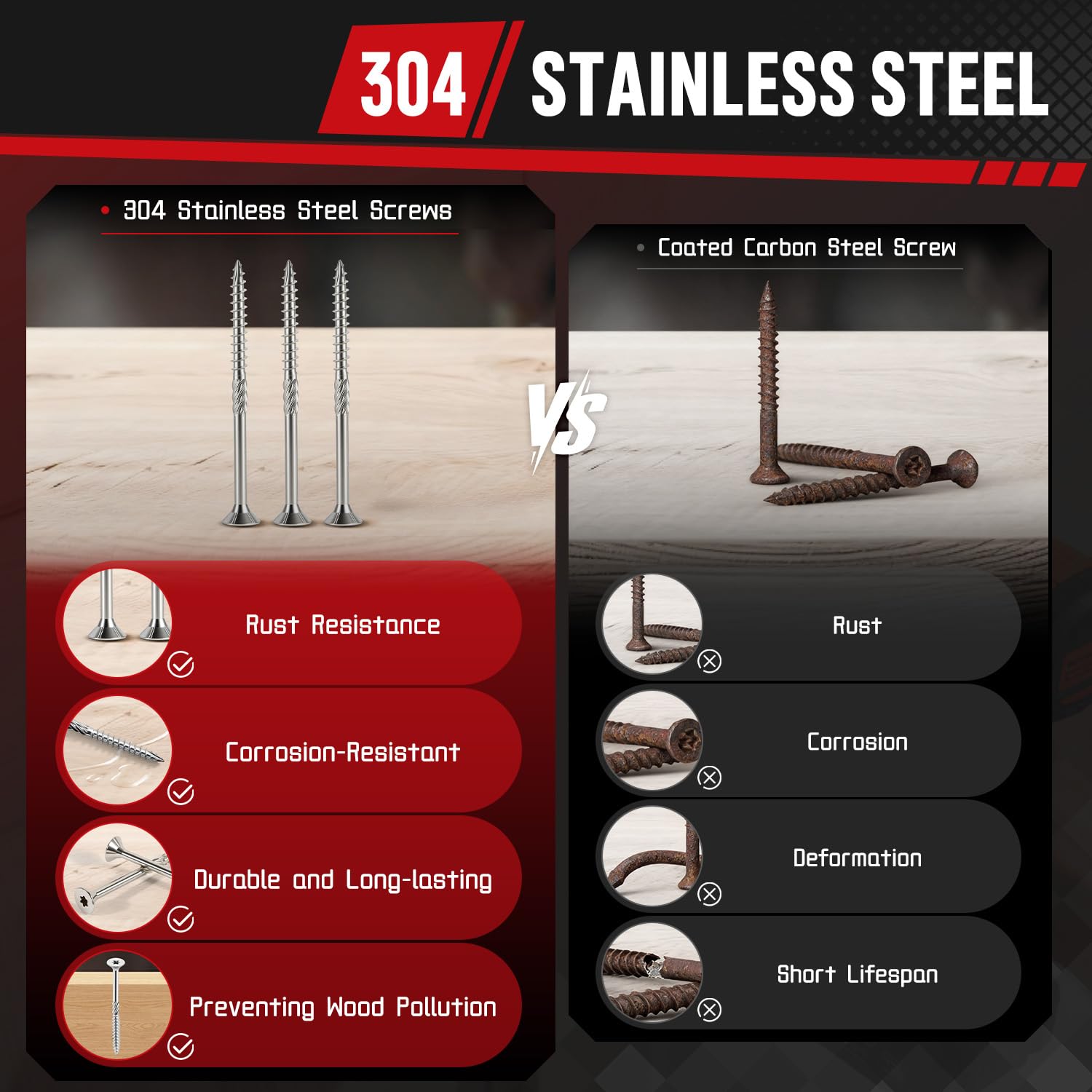 #10x2 Inch 304 Stainless Steel Deck Screws 500 PCS - Corrosion-Resistant Outdoor Wood Fasteners for Fences, Decks, Wood Project - T25 Star Drive Bit - Image 4