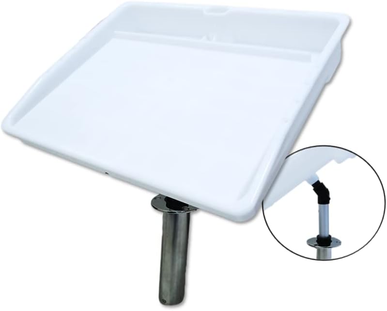 Pactrade Marine Bait Cutting Board for Boat - Adjustable Fish Cleaning Filet Table with Compartments, Knife Slots, and Engraved Fish Scale | Easy to Transport & Store (Rod Holder Mount) White