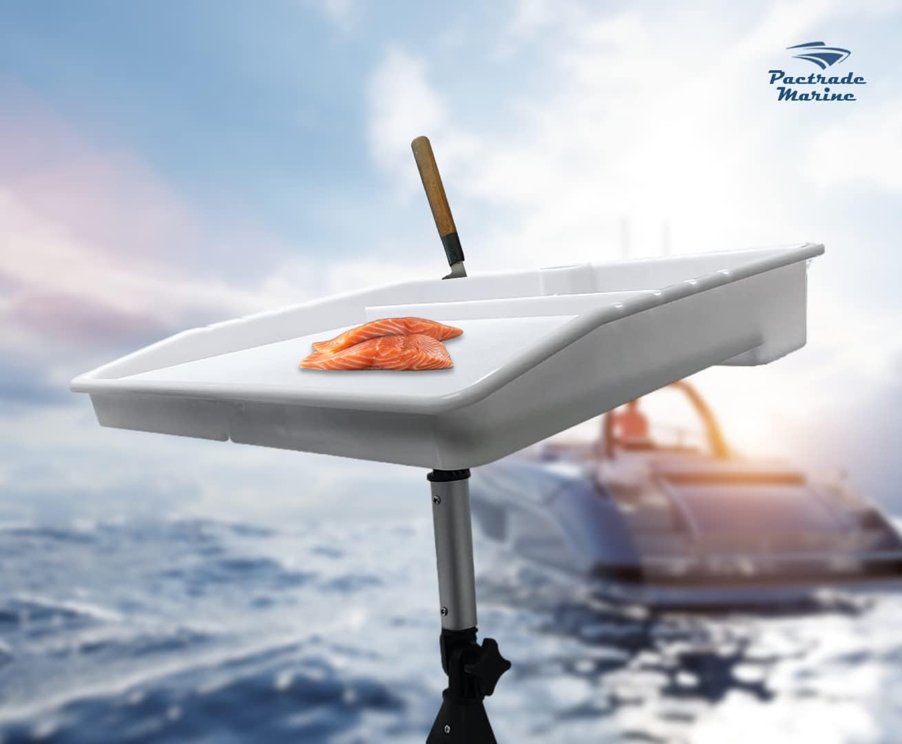Pactrade Marine Bait Cutting Board for Boat - Adjustable Fish Cleaning Filet Table with Compartments, Knife Slots, and Engraved Fish Scale | Easy to Transport & Store (Rail Mount with Angled Leg) - Image 5