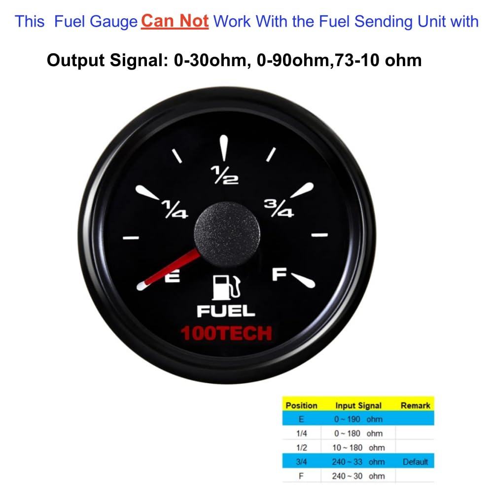 100TECH Boat Fuel Gauge Marine Fuel Gauge for Boat RV Yacht Car Truck, Motorcycle, Automotive Replacement Fuel Gauges, 5 Signals Adjustable 240-33ohm 0-190ohm 240-30ohm 0-180ohm 10-180ohm(All Black) - Image 6