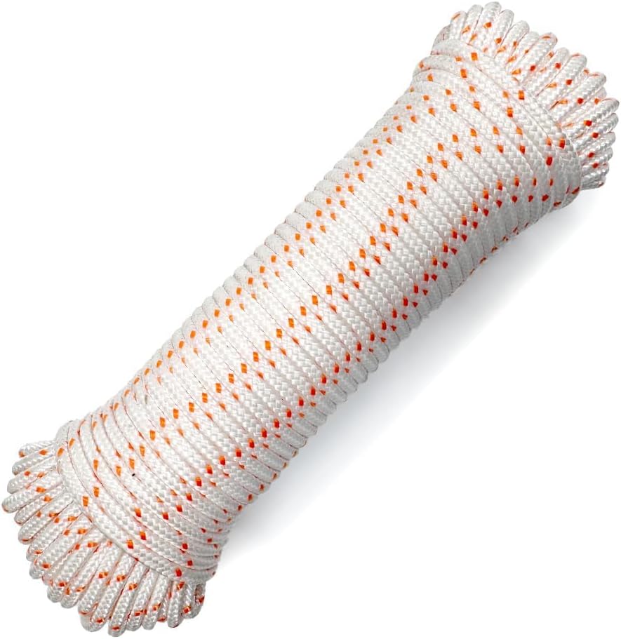 Heavy Duty Polyester Double Braided Rope, Arborist Rigging, Tree Work, Halyard, Sailing, 2200lbs High Strength Support for Camping, Hiking & Utility Use (White/Orange, 3/16in X 100FT)