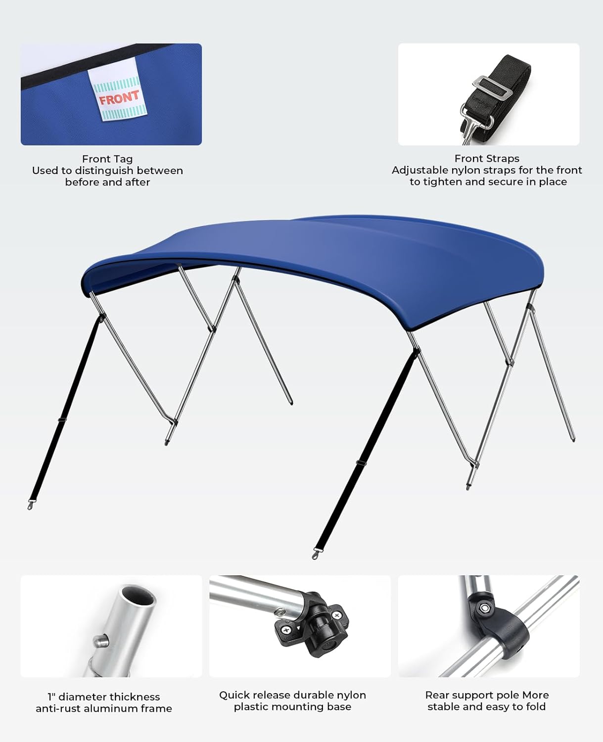 KEMIMOTO Bimini Top for Boat, Bimini Tops Cover 600D Marine Grade Canvas Boat Canopy with 6ft Length 54 in - 96 in Width 46 in Height, Includes Mounting Hardware, Straps Rear Support Poles - Image 3
