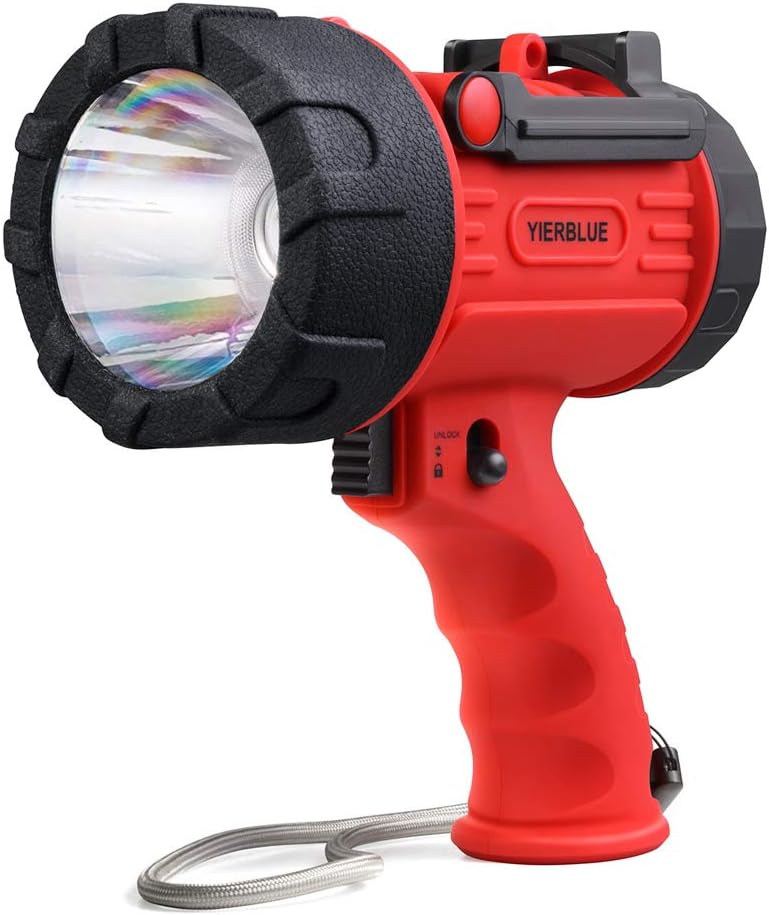 YIERBLUE Rechargeable Spotlight Flashlight with 2000,000 High Lumen LED, IP67 Waterproof Long Running Spot Light searchlight, Impact Resistant Handheld Spotlight with Foldable Stand and Red Lens
