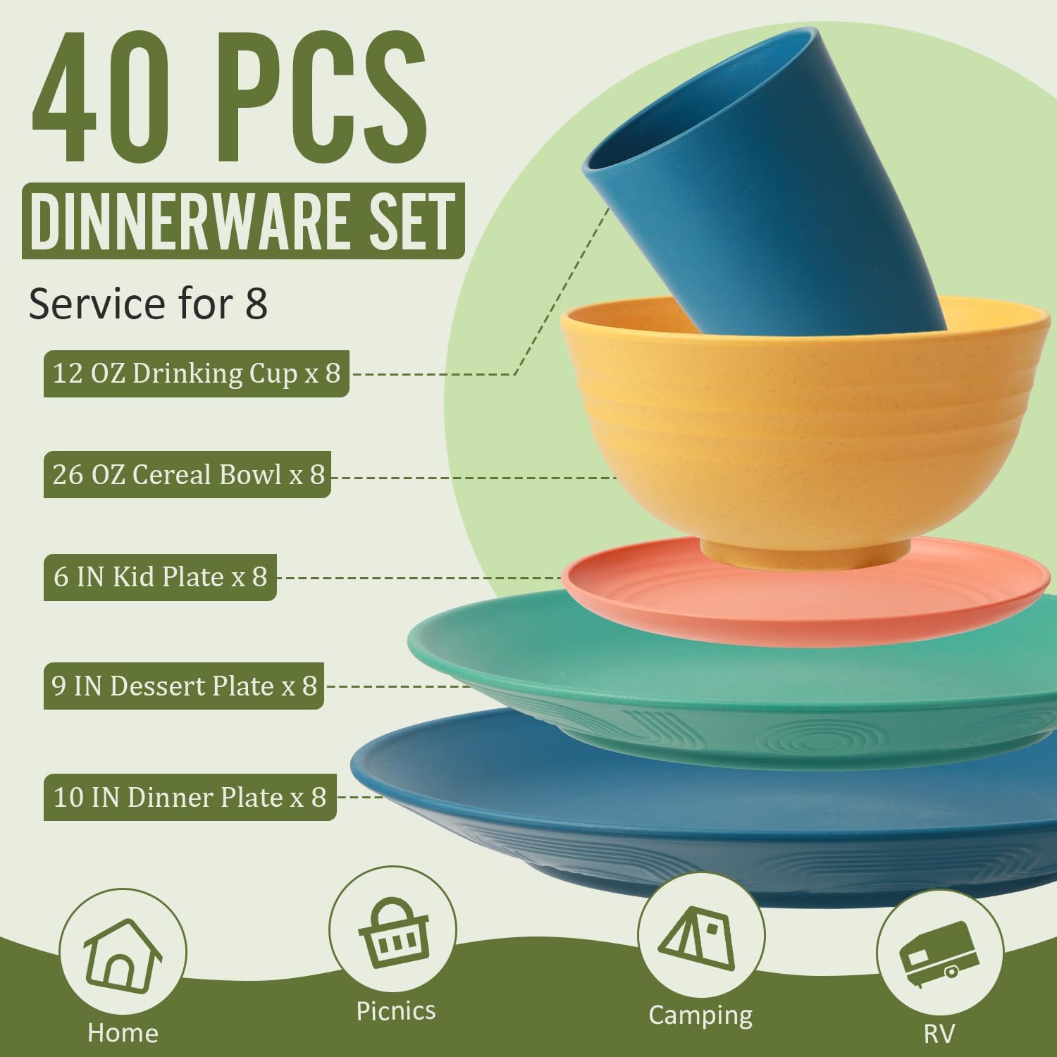 Wheat Straw Dinnerware Set 40 PCS - Service for 8 | Plates and Bowls Sets | Unbreakable Dishes Set - Dinner Plates, Dessert Plate, Cereal Bowls, Drinking Glasses, Dishwasher Safe - Multi - Image 2