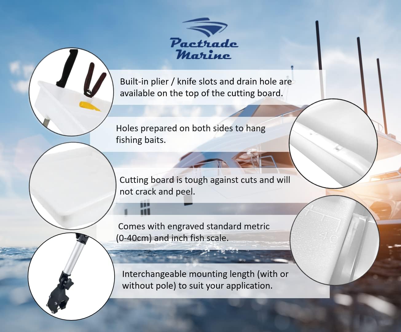 Pactrade Marine Bait Cutting Board for Boat - Adjustable Fish Cleaning Filet Table with Compartments, Knife Slots, and Engraved Fish Scale | Easy to Transport & Store (Rail Mount with Angled Leg) - Image 3