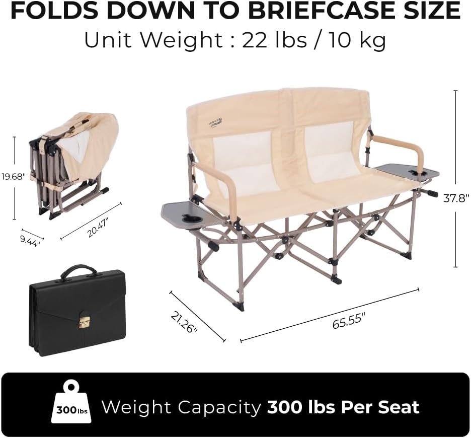 Camphor Designs Oversized Double Portable Folding Director’s Loveseat Chair with Padded Backrest, Side Table | Outdoor Sports, Beach, Lawn, Hunting, Tailgating, Fishing| Supports 300 Lbs/Seat - Image 7