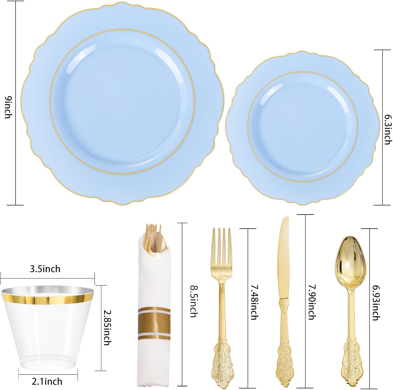 Liacere 350PCS Blue Plastic Plates - Disposable Blue and Gold Plates 50guest Baroque Plastic Dinnerware include 100Plates, 50Pack Pre Rolled Napkins with Silverware 50Cups for Wedding&Party - Image 7