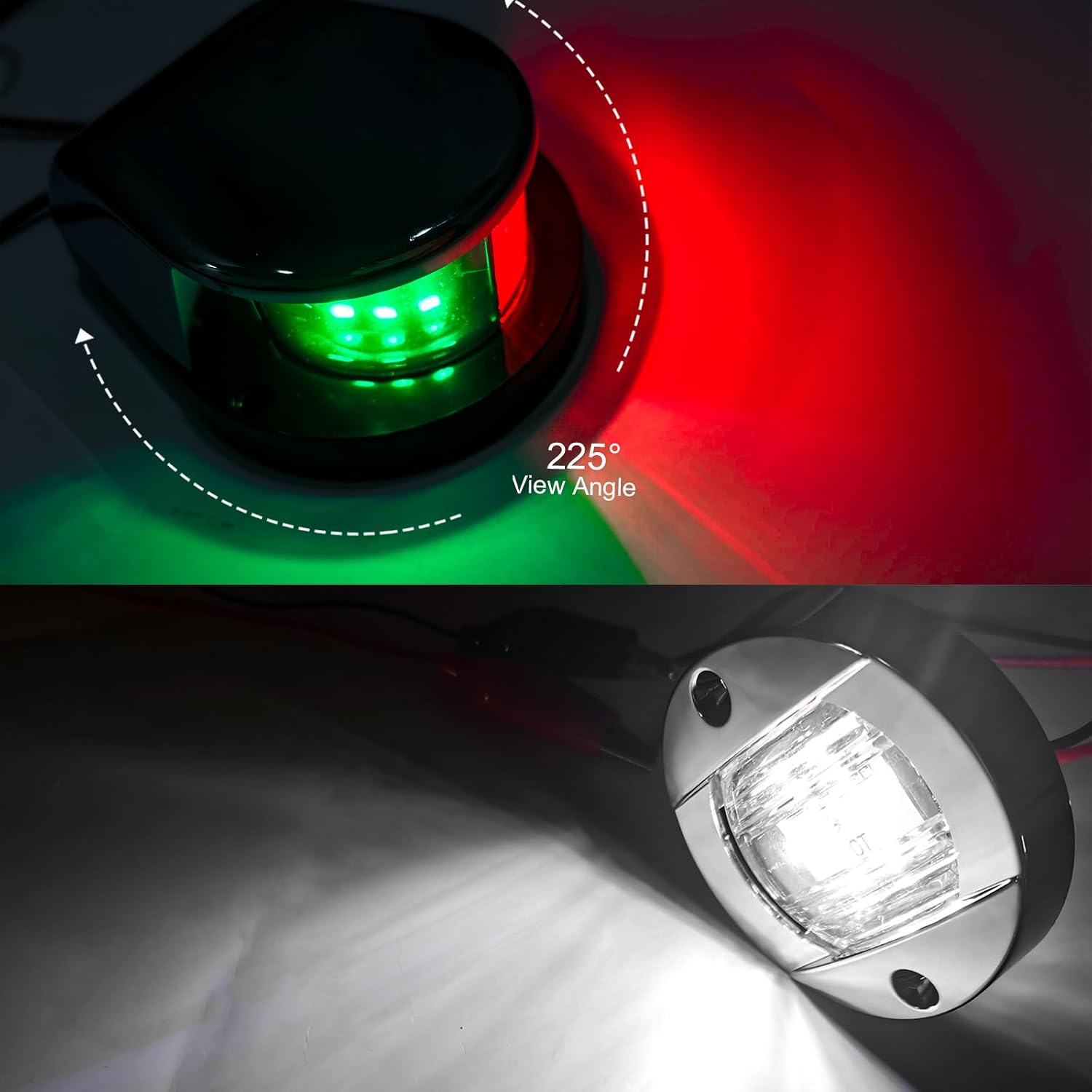 PSEQT Boat Navigation Lights LED Waterproof Marine Bow Stern Side Interior Deck Transom Lights w/Chrome bezels for Pontoon Fishing Small Bass Boat Yacht Kayak (1Pcs Red and Green, 2Pcs White) - Image 2