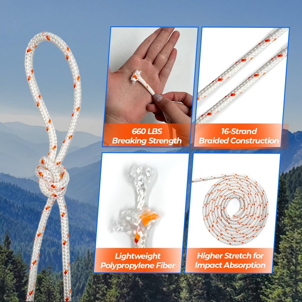 Heavy Duty Polyester Double Braided Rope, Arborist Rigging, Tree Work, Halyard, Sailing, 2200lbs High Strength Support for Camping, Hiking & Utility Use (White/Orange, 3/16in X 100FT) - Image 4