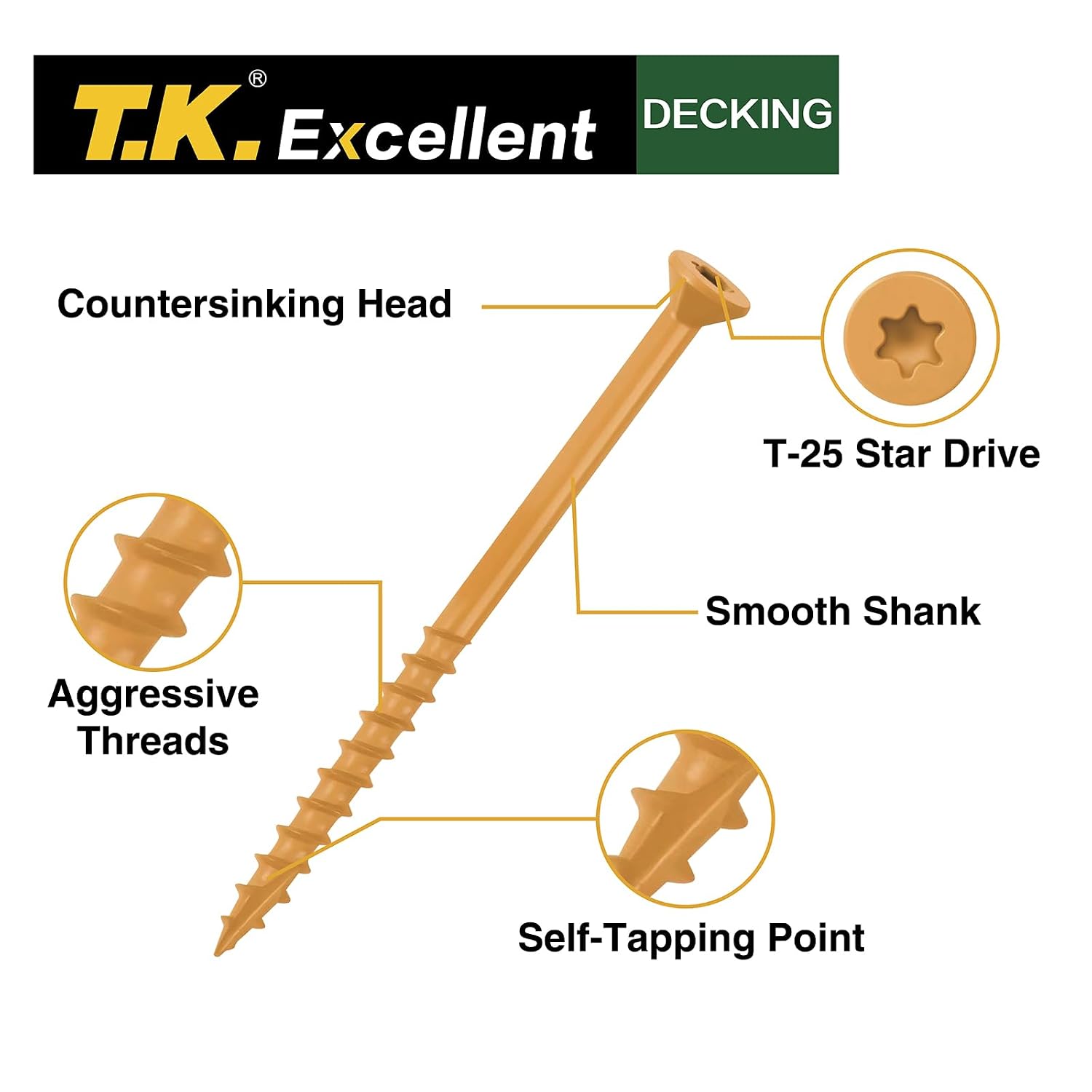 T.K.Excellent Deck Screws 3 Inch Wood Screws #10 x 3, 315 Pcs, Rust Resistant Structural Screws Tan Exterior Fence Screws Torx Drive Screw, Two T25 Bits, Brilliant Yellow Ruspert Coating Rust Proof - Image 2
