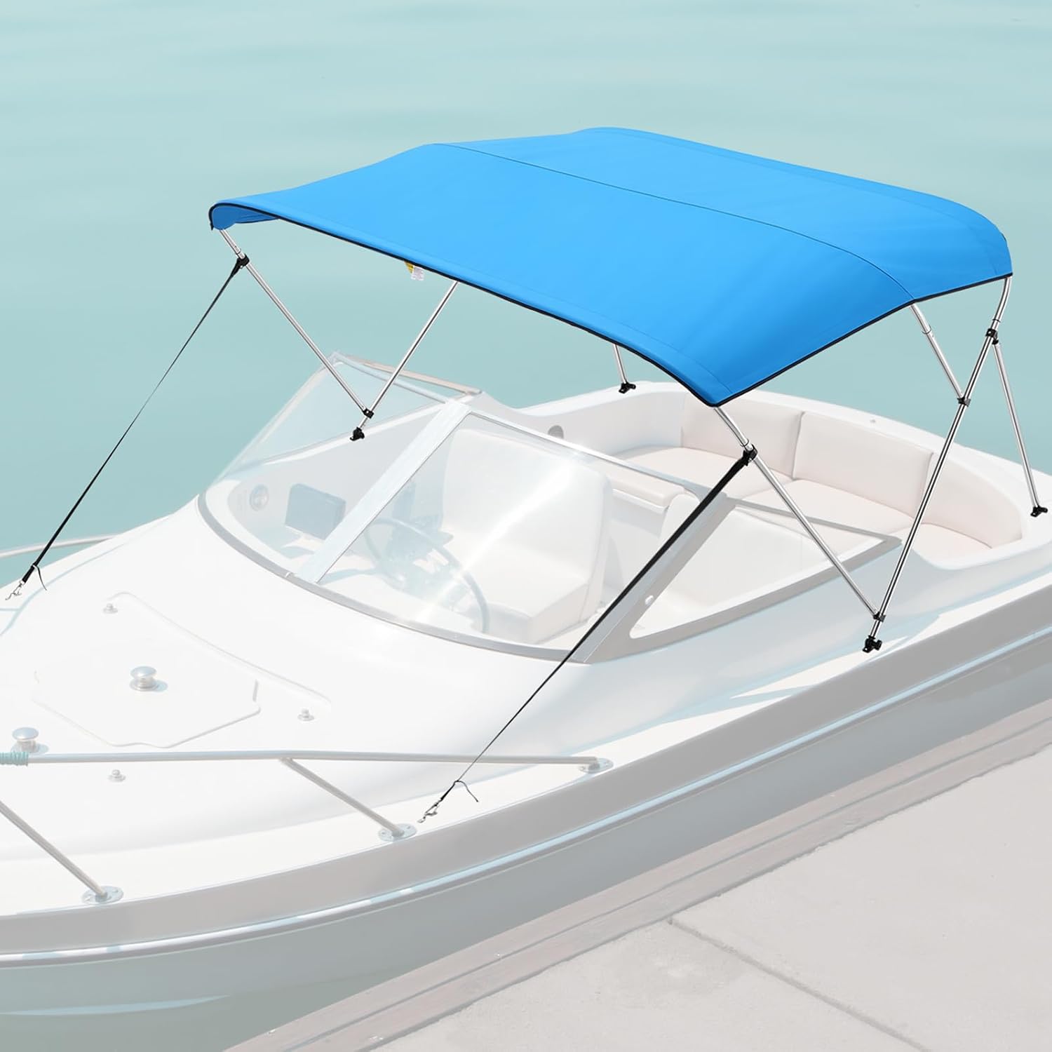 VEVOR 3 Bow Boat Bimini Tops, 600D Polyester Canopy with Aluminum Alloy Frame, Waterproof & Sun Shade Boat Awning Canopy with Storage Bag, 2 Support Poles, 4 Straps, 6'Lx(67"-72")Wx46"H, Pacific Blue - Image 8