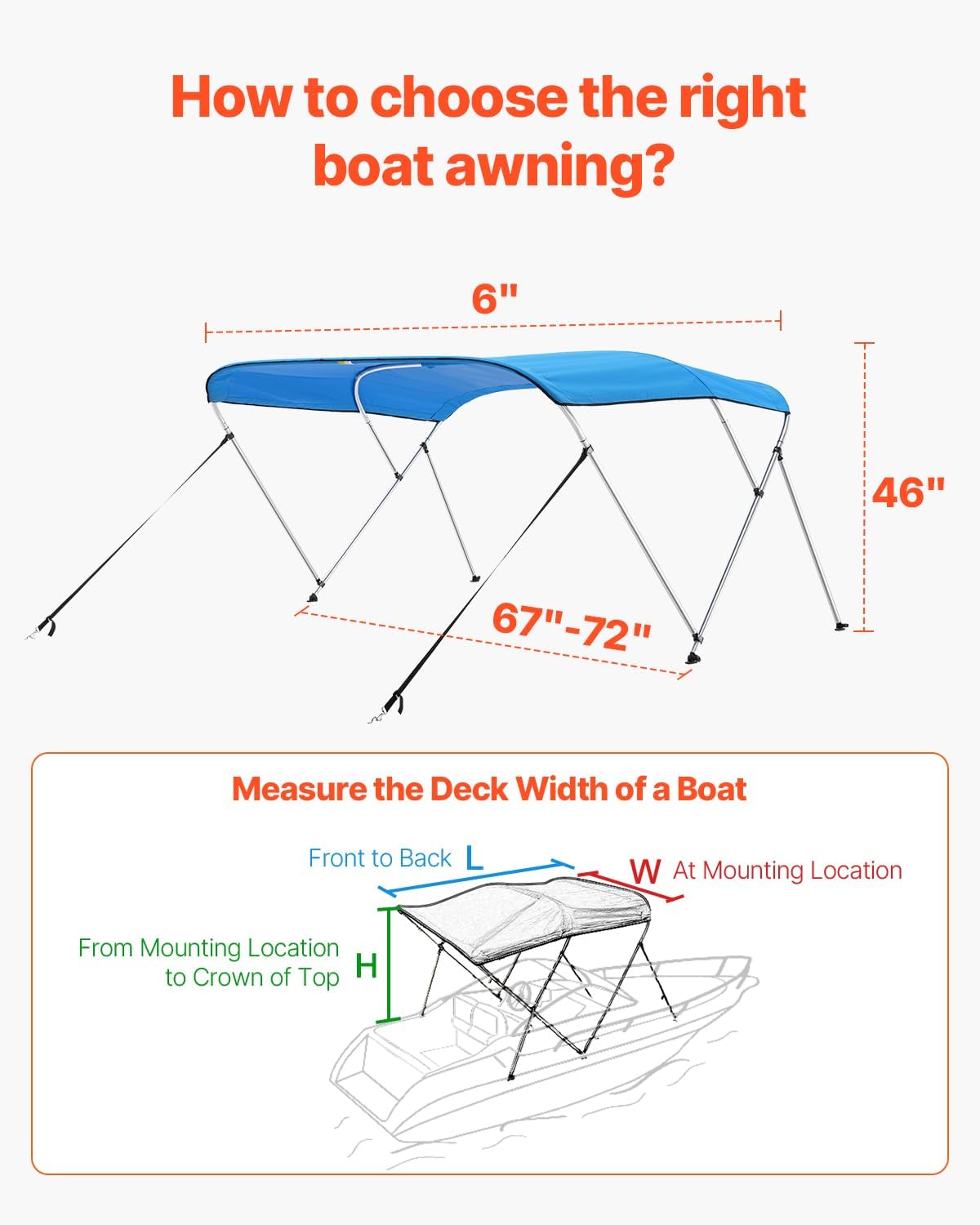 VEVOR 3 Bow Boat Bimini Tops, 600D Polyester Canopy with Aluminum Alloy Frame, Waterproof & Sun Shade Boat Awning Canopy with Storage Bag, 2 Support Poles, 4 Straps, 6'Lx(67"-72")Wx46"H, Pacific Blue - Image 5
