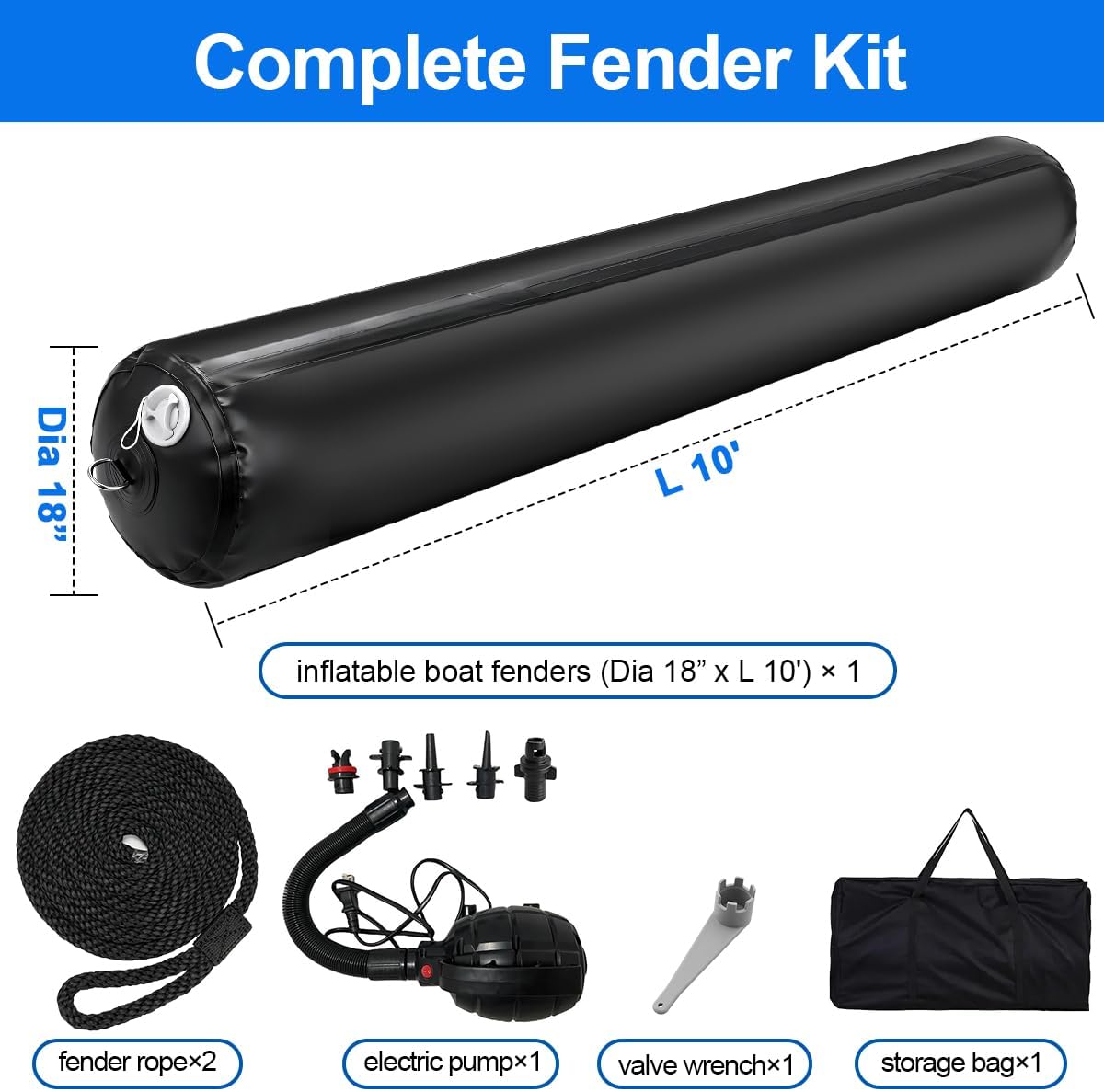 Inflatable Boat Fenders for Docking Heavy Duty Boat Bumpers 10"x27.5"/24" x 5'/18" x 10' Dock Fenders for Pontoon, Fishing Boat, Yacht - Image 2