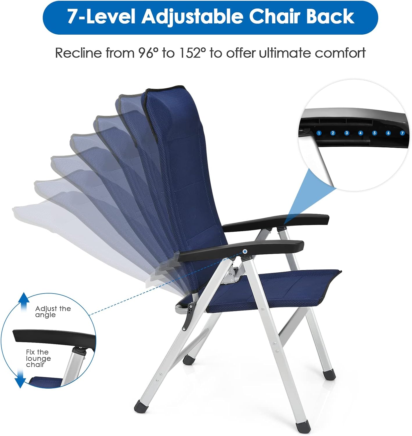 Tangkula Set of 2 Patio Folding Chairs, Portable Reclining Chairs with 7-Position Adjustable Back & Padded Headrest, Outdoor Indoor High Back Chaise Lounge Armchair for Poolside, Yard, Lawn, Navy - Image 5