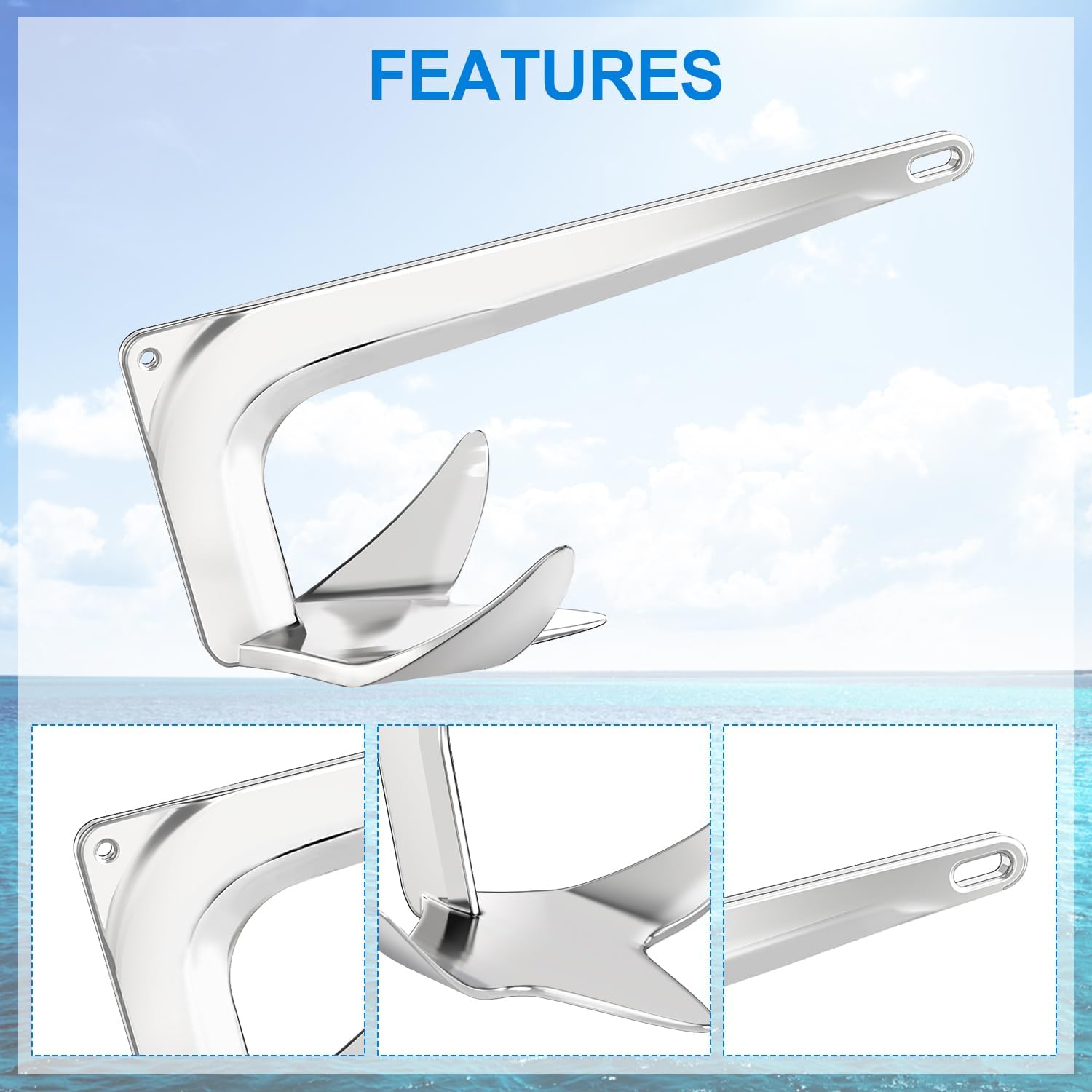 316 Stainless Steel Bruce Style Claw Anchor, Marine Grade Mirror Polished Boat Anchor for Saltwater Boats, Sailboats, Cruisers, Fishing Boats & Bow Roller Setup, 11 lb/16.5 lb/22 lb - Image 3
