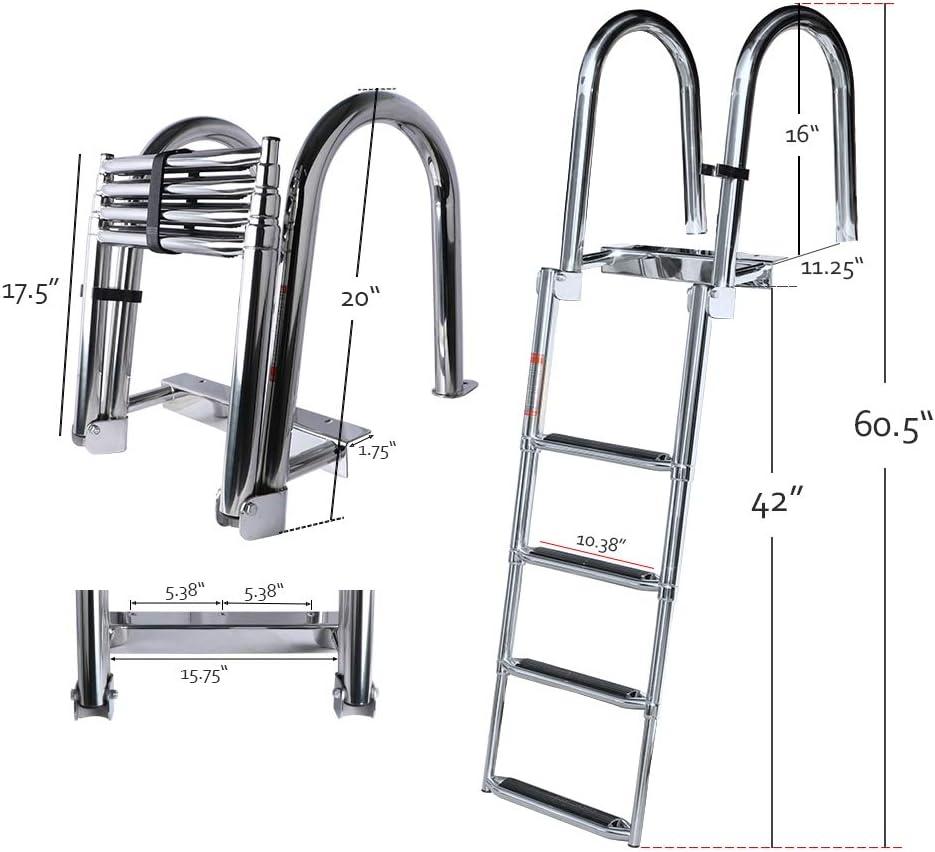 4 Step Pontoon Boat Ladder, 316 Stainless Steel Folding Telescoping Ladder Rear Entry Inboard Ladders All Welded Reinforce Heavy Duty Max.Load 600 Pound with Wide Steps & Safe Handrails - Image 2
