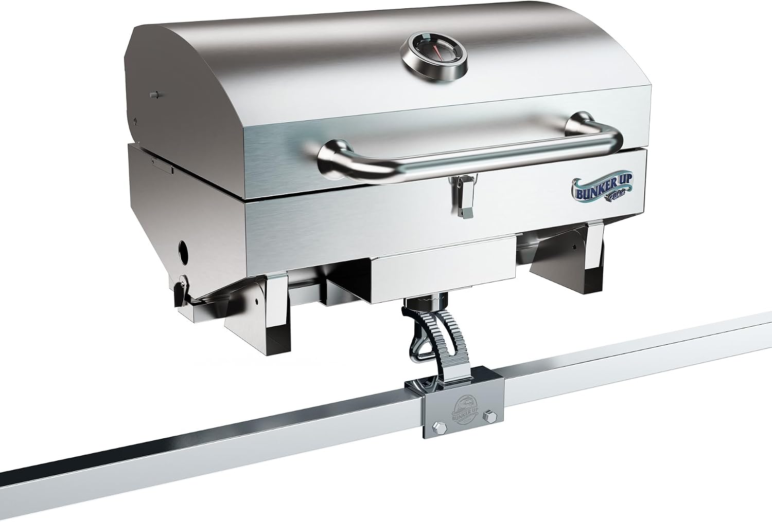 Bunker Up Fishin Stainless Steel Boat Grill with Pontoon Railing Mount - Fits 1 1/4″ Square Rail - Great for Boating and Camping, 12000 BTU, 277 sq.in Grilling Space and 87 sq.in Warming Rack - Image 2