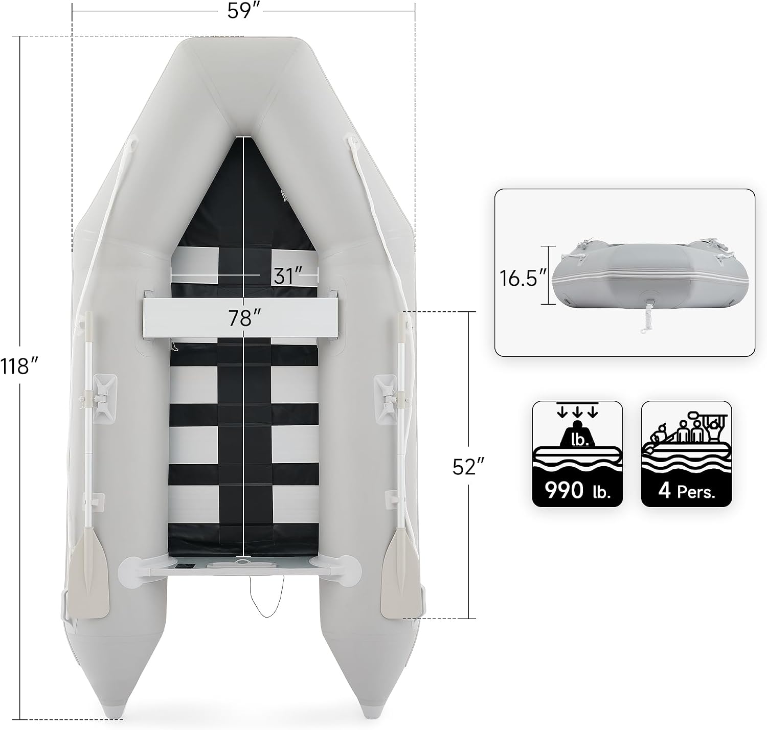 CO-Z 10ft Inflatable Dinghy Boat for 4 Adults, 990lb Capacity Heavy-Duty PVC Raft with Aluminum Floor & Oars, Motor Mount, Kayak-Style Tender for Fishing, Rescue & Water Sports - Image 5