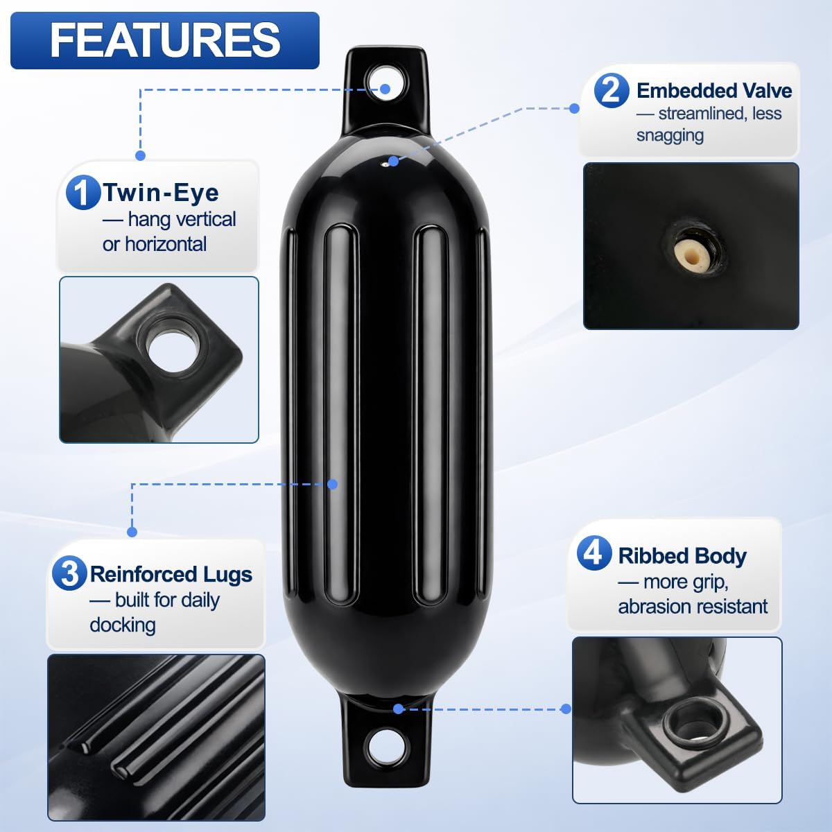 Black Boat Fenders for Docking 5.5."/6.5"/8.5" Inflatable Ribbed Marine Boat Fender with Fender Lines 6.5ft, Stainless Steel Fender Hanger Clips - Image 3