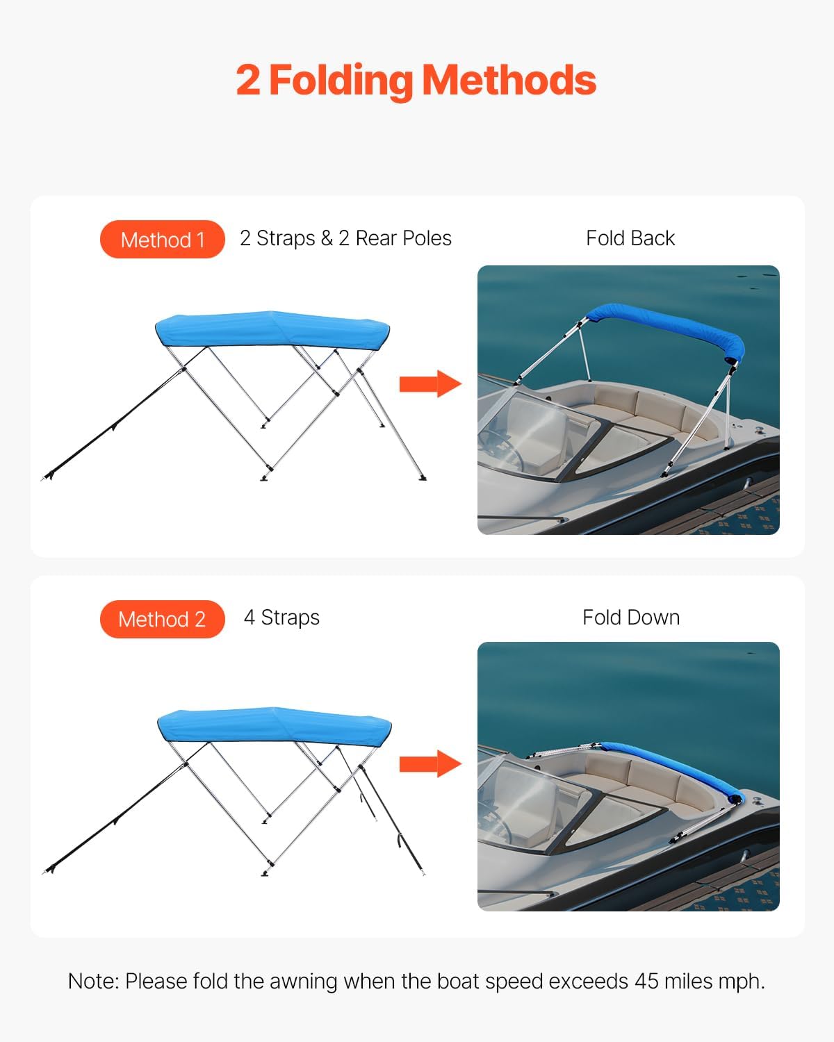 VEVOR 3 Bow Boat Bimini Tops, 600D Polyester Canopy with Aluminum Alloy Frame, Waterproof & Sun Shade Boat Awning Canopy with Storage Bag, 2 Support Poles, 4 Straps, 6'Lx(67"-72")Wx46"H, Pacific Blue - Image 4