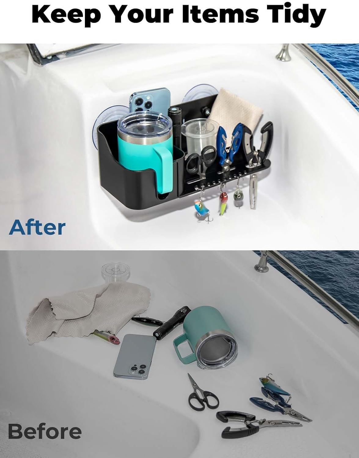KEMIMOTO Boat Cup Holder, Caddy Organizer Installed With Screws/Suction Cups on Any Flat Surface, Storage Organizer, Cockpit Storage Box Marine Cup Holder for Bass Kayak Jon Pontoon Boat Accessories - Image 4