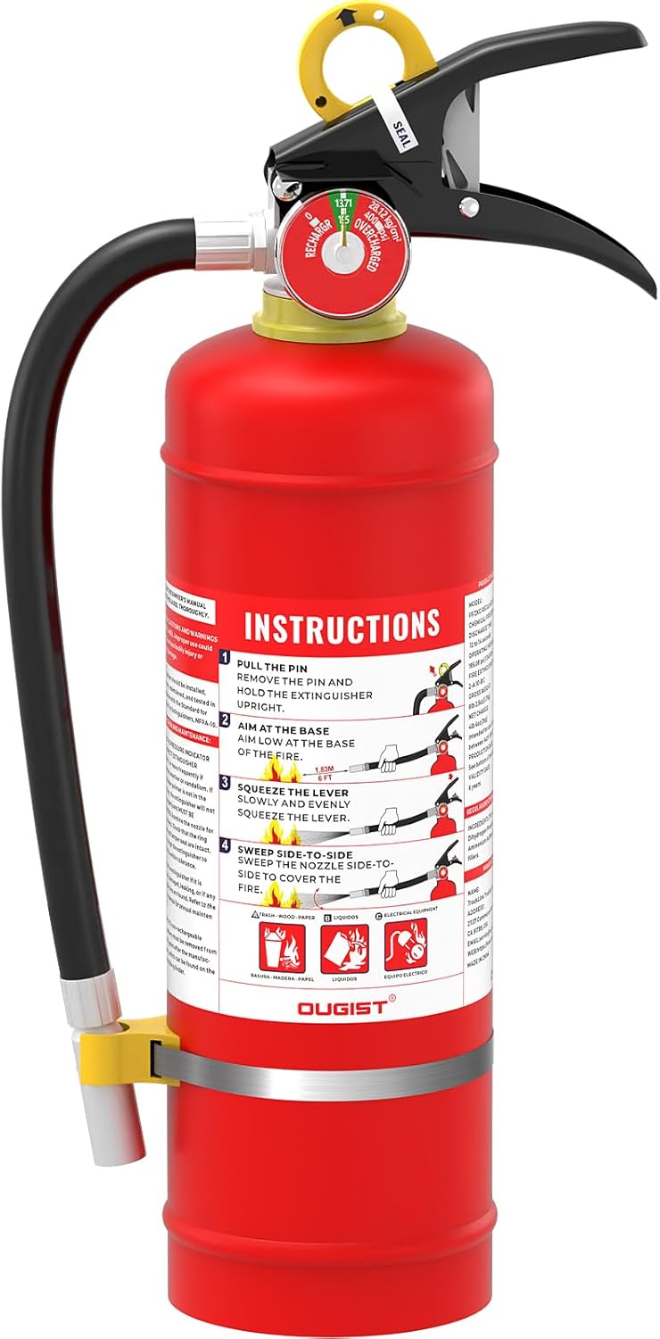 Ougist ABC Dry Chemical Fire Extinguisher, 5 lb – 2-A:10-B:C Rated for Home, Office & Vehicle, Quick Release, Easy-Grip Handle, Ideal for Electrical & Grease Fires, Car Extinguisher, Model FF2KG