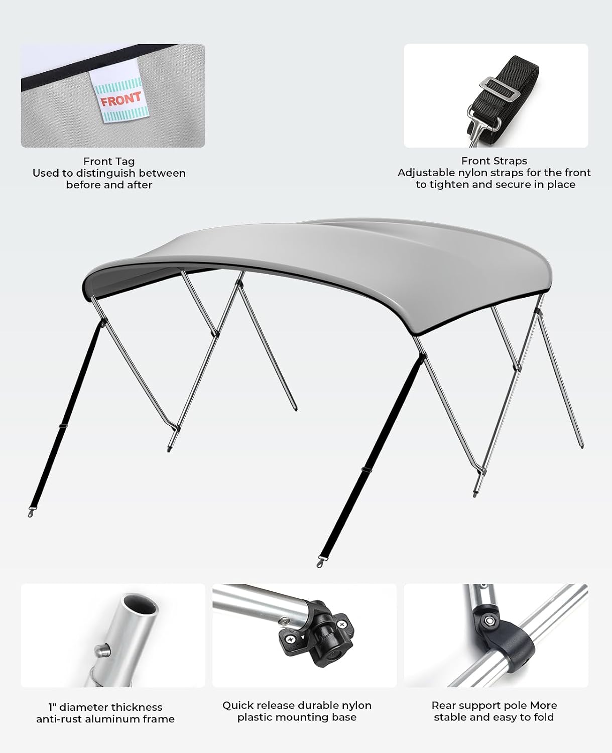 KEMIMOTO Bimini Top for Boat, Bimini Tops Cover 600D Marine Grade Canvas Boat Canopy with 6ft Length 54 in - 96 in Width 46 in Height, Includes Mounting Hardware, Straps Rear Support Poles - Image 3