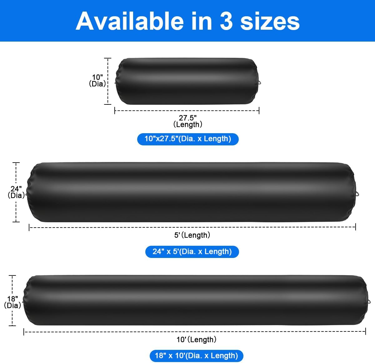 Inflatable Boat Fenders for Docking Heavy Duty Boat Bumpers 10"x27.5"/24" x 5'/18" x 10' Dock Fenders for Pontoon, Fishing Boat, Yacht - Image 4