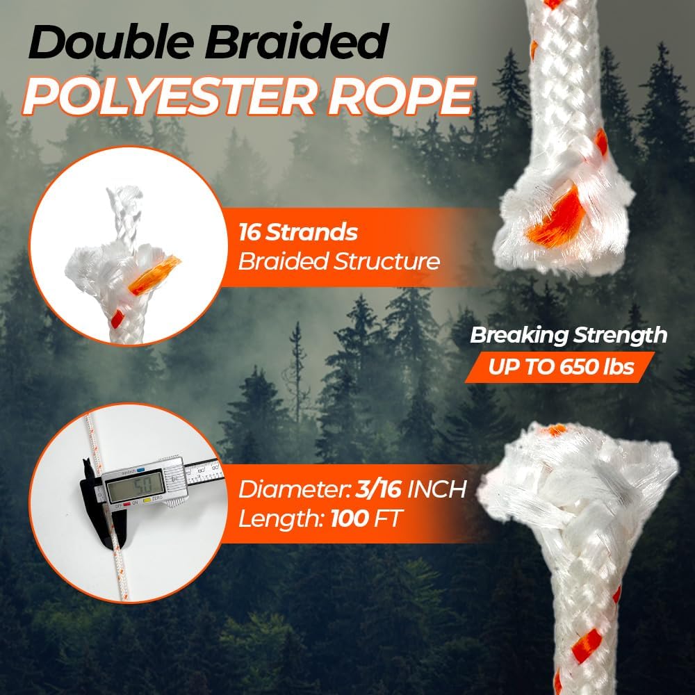 Heavy Duty Polyester Double Braided Rope, Arborist Rigging, Tree Work, Halyard, Sailing, 2200lbs High Strength Support for Camping, Hiking & Utility Use (White/Orange, 3/16in X 100FT) - Image 2