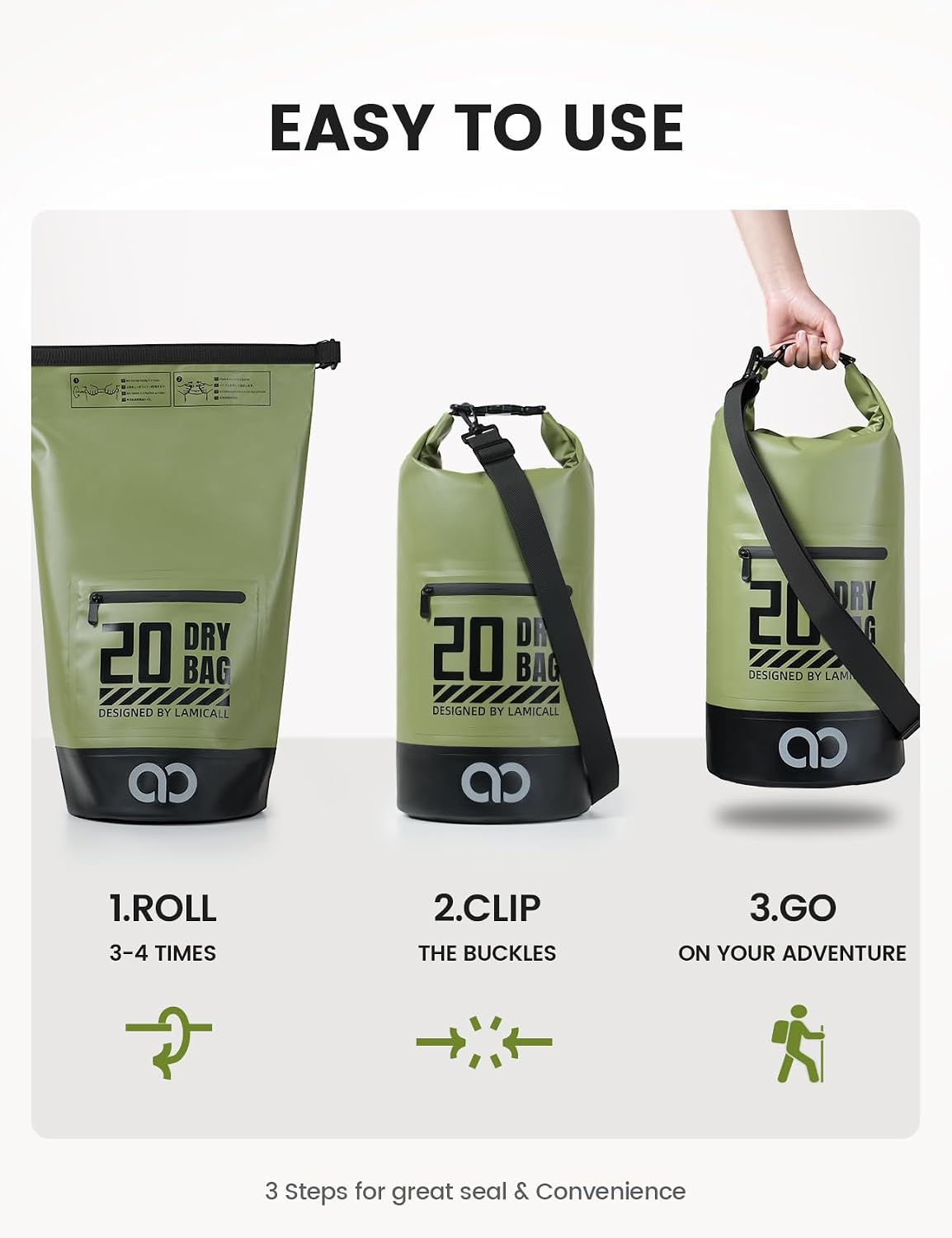 Lamicall Waterproof Dry Bag with Phone Pouch - 5L/10L/20L/30L/40L Floating Roll Top Backpack for Kayaking Boating Beach Camping Fishing - Heavy Duty 500D PVC Marine Dry Sack for Men, Women, Green 10L - Image 6
