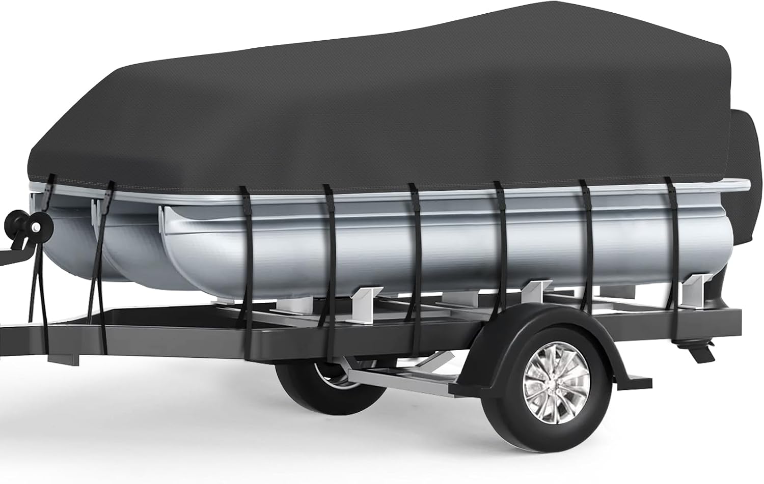 Pontoon Boat Cover 16-18 ft, 1200D Heavy Duty Waterproof Trailerable Cover for Pontoon Boats Up to 8 ft Beam, 12 Straps, Elastic Hem &Outboard Motor Cover, Black