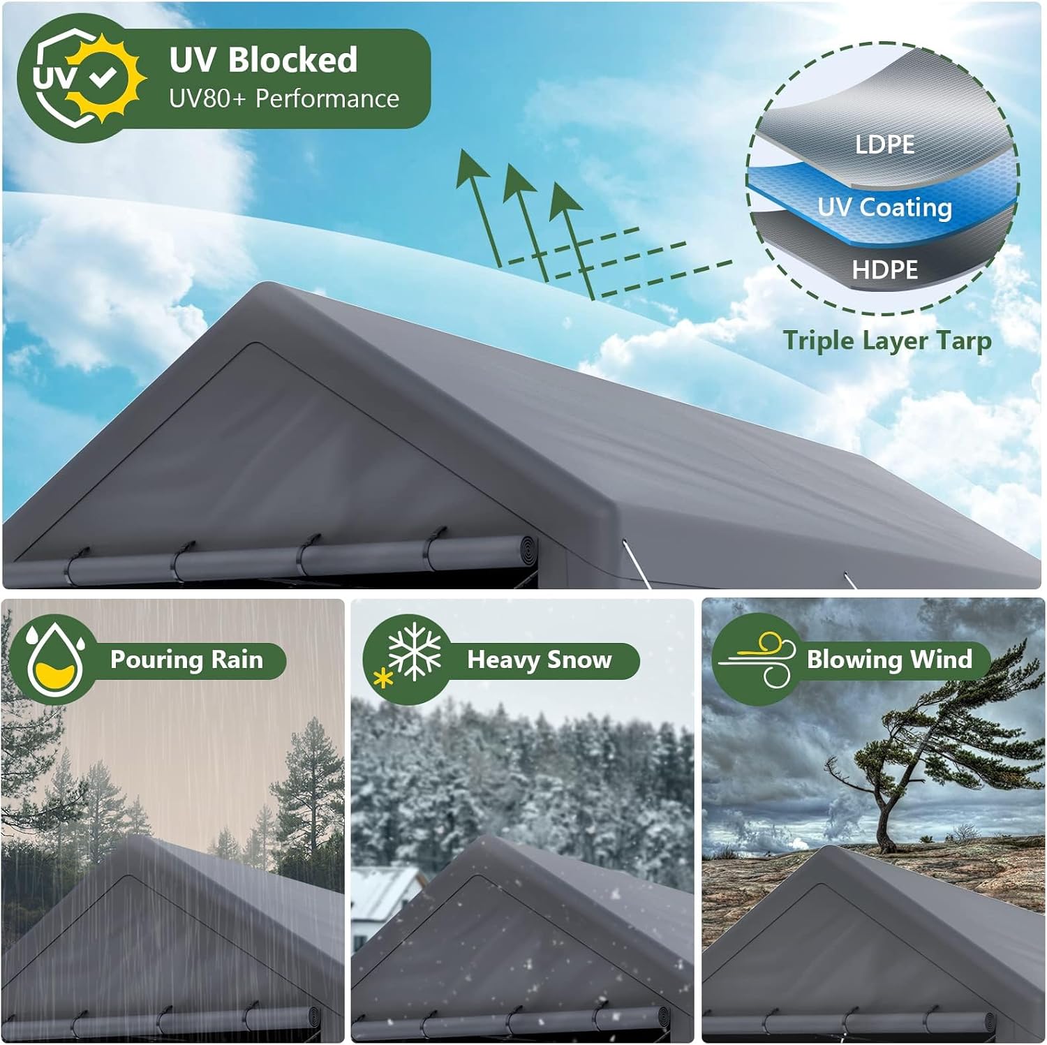 Carport 10x20 Ft Heavy Duty Canopy Steel Canopy Storage Shed,Portable Garage Party Tent,Portable Garage with Removable Sidewalls & Doors All-Season Tarp for Carport (Grey) - Image 2