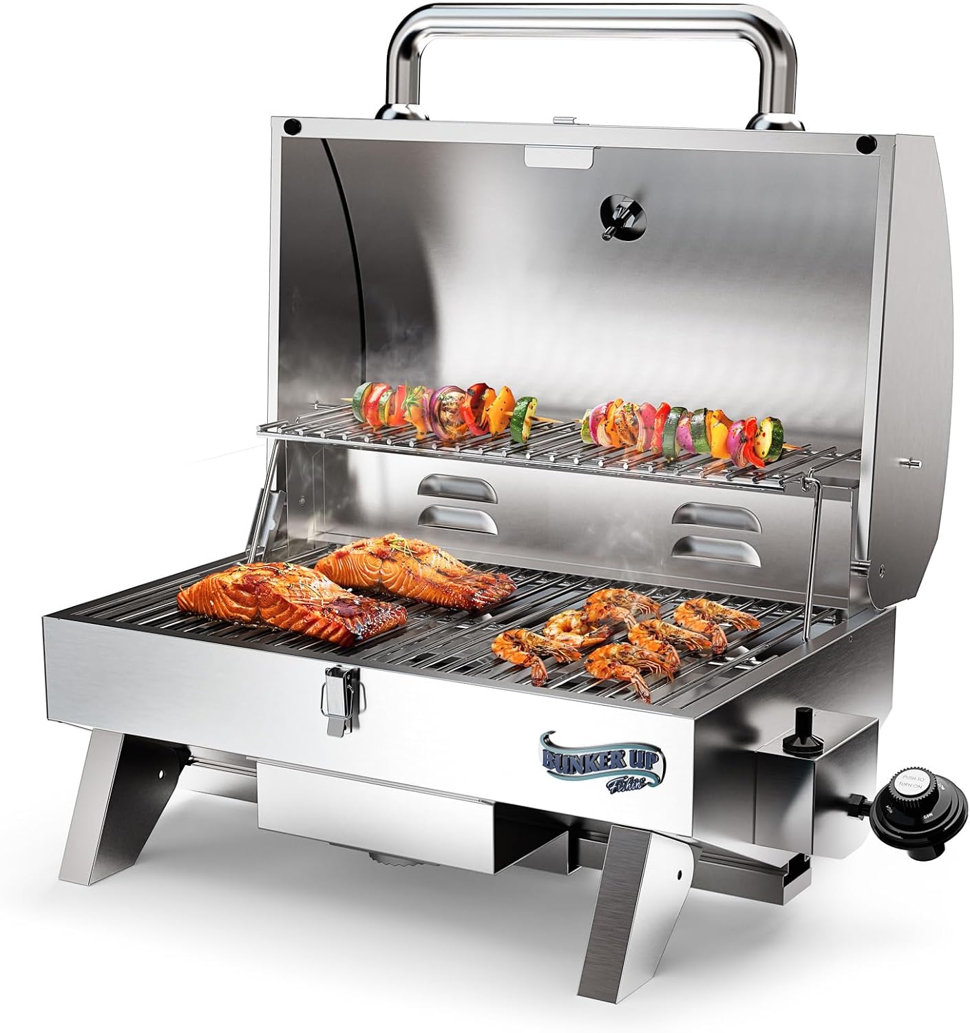 Bunker Up Fishin Stainless Steel Boat Grill with Pontoon Railing Mount - Fits 1 1/4″ Square Rail - Great for Boating and Camping, 12000 BTU, 277 sq.in Grilling Space and 87 sq.in Warming Rack - Image 7